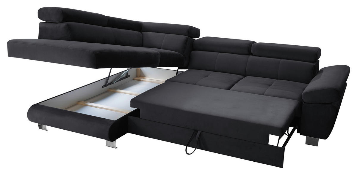 ECKSOFA Schwarz Webstoff Bettkasten, Schlaffunktion, Rücken echt, Armteilverstellung, Kopfteilverstellung  - Chromfarben/Schwarz, MODERN, Textil/Metall (205/278cm) - Stylife