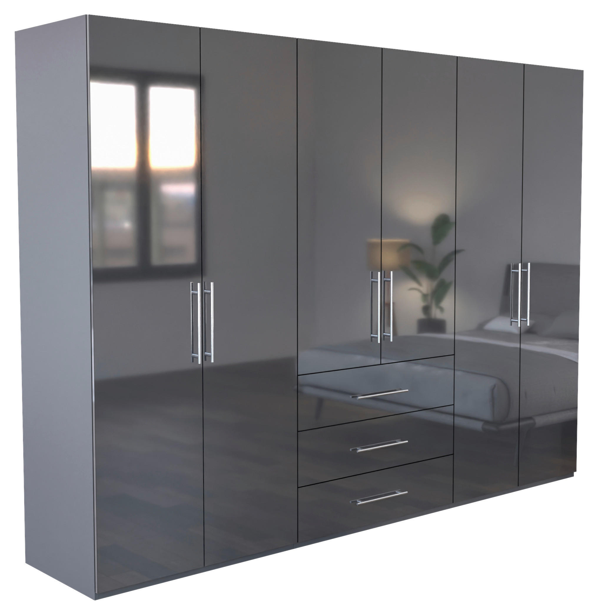 KLEIDERSCHRANK 294/219/59 cm 6-türig Anthrazit, Anthrazit Hochglanz  - Anthrazit/Anthrazit Hochglanz, KONVENTIONELL, Holzwerkstoff/Metall (294/219/59cm) - Carryhome