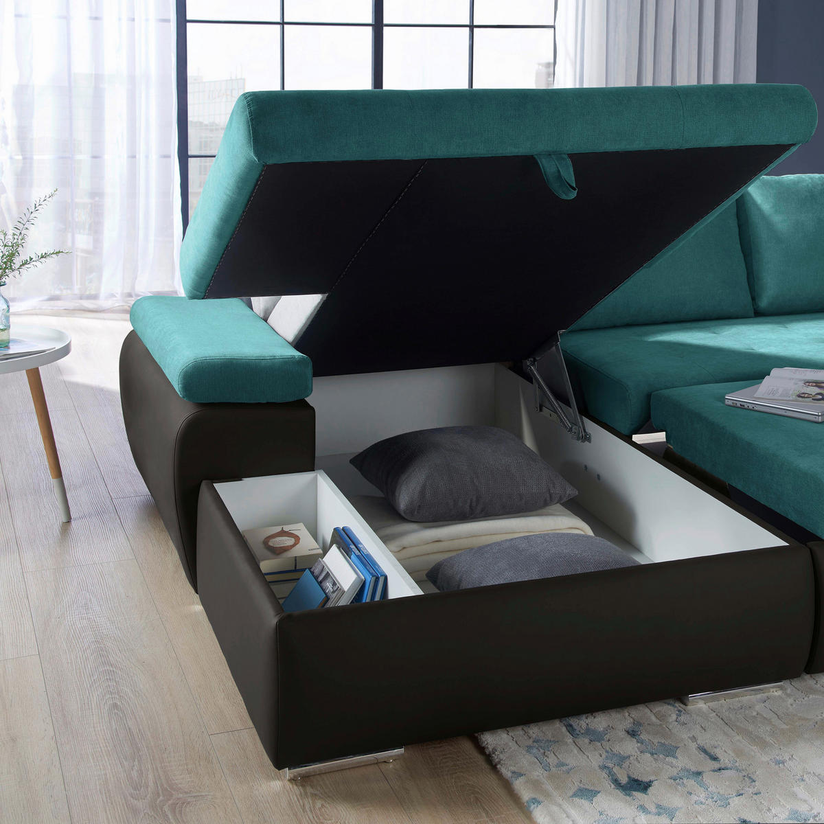 ECKSOFA in Flachgewebe Schwarz, Türkis  - Türkis/Schwarz, Design, Kunststoff/Textil (175/271cm) - MID.YOU