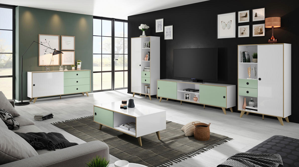 SCHRANK Grün, Eichefarben, Weiß Hochglanz  90/188/40 cm  - Eichefarben/Weiß Hochglanz, MODERN, Holzwerkstoff/Kunststoff (90/188/40cm) - Boxxx