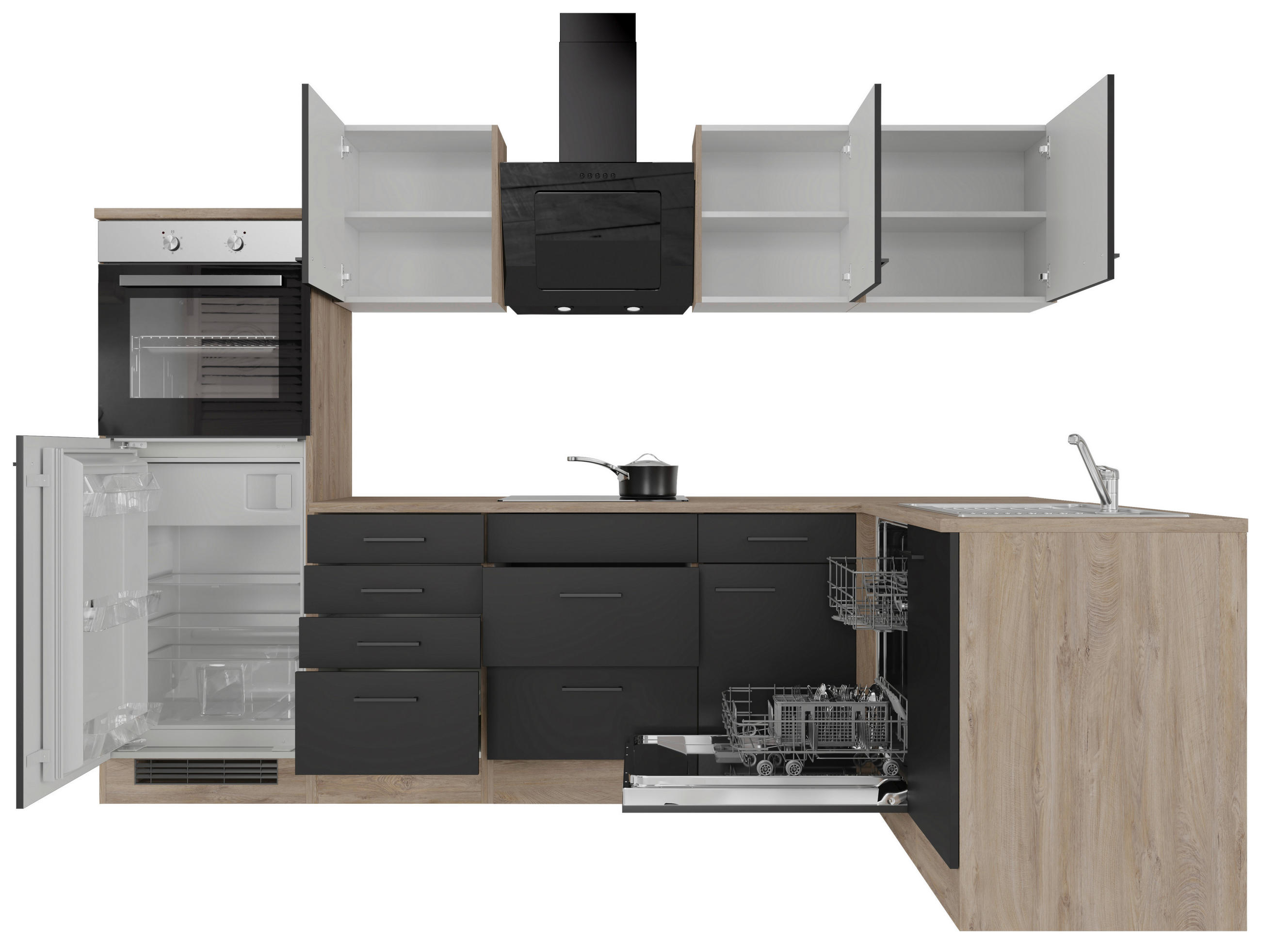 ECKKÜCHE 280/170 cm  in Schwarz, Eichefarben  - Eichefarben/Schwarz, KONVENTIONELL, Holzwerkstoff/Metall (280/170cm) - FlexWell