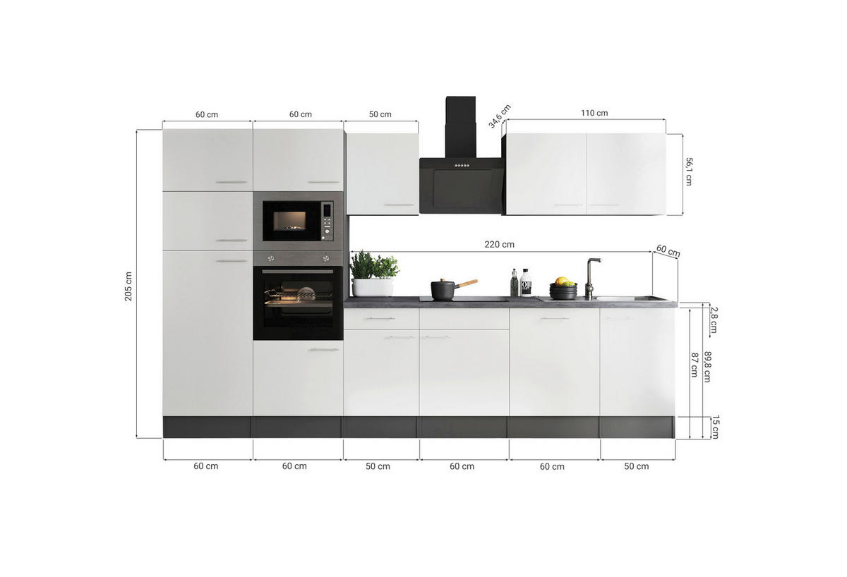 KÜCHENBLOCK 340 cm   in Grau, Weiß  - Silberfarben/Weiß, Design, Holzwerkstoff/Metall (340cm) - Respekta