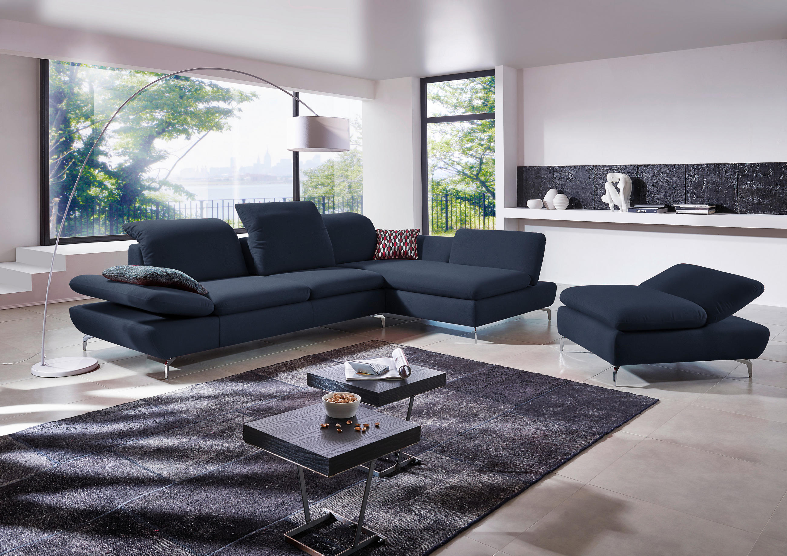 ECKSOFA in Echtleder Blau  315/200 cm  - Blau/Silberfarben, Design, Leder/Metall (315/200cm) - Chilliano