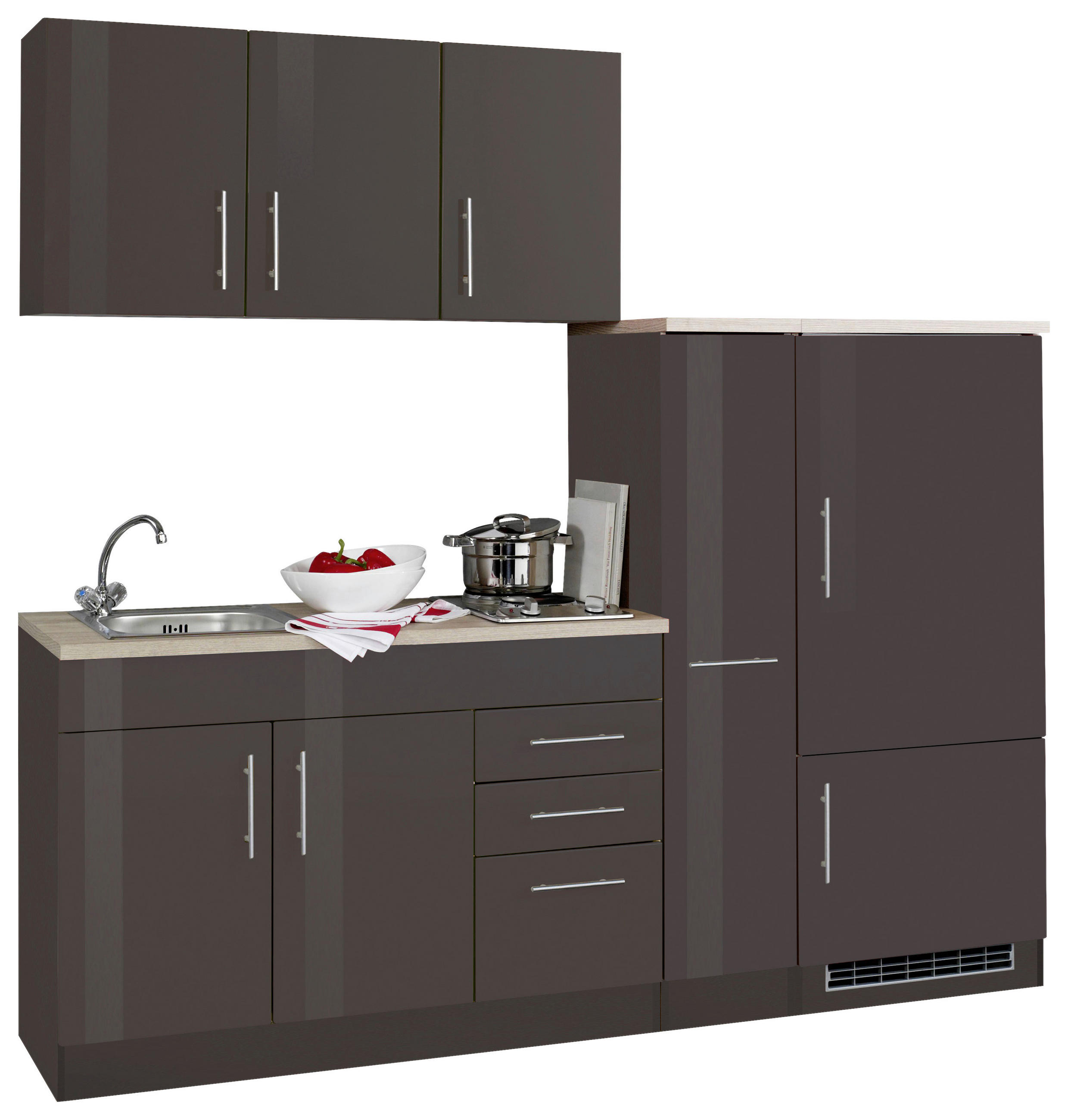 KÜCHENBLOCK 210 cm   in Graphitfarben, Grau Hochglanz  - Chromfarben/Grau Hochglanz, Modern, Holzwerkstoff/Metall (210cm) - Held