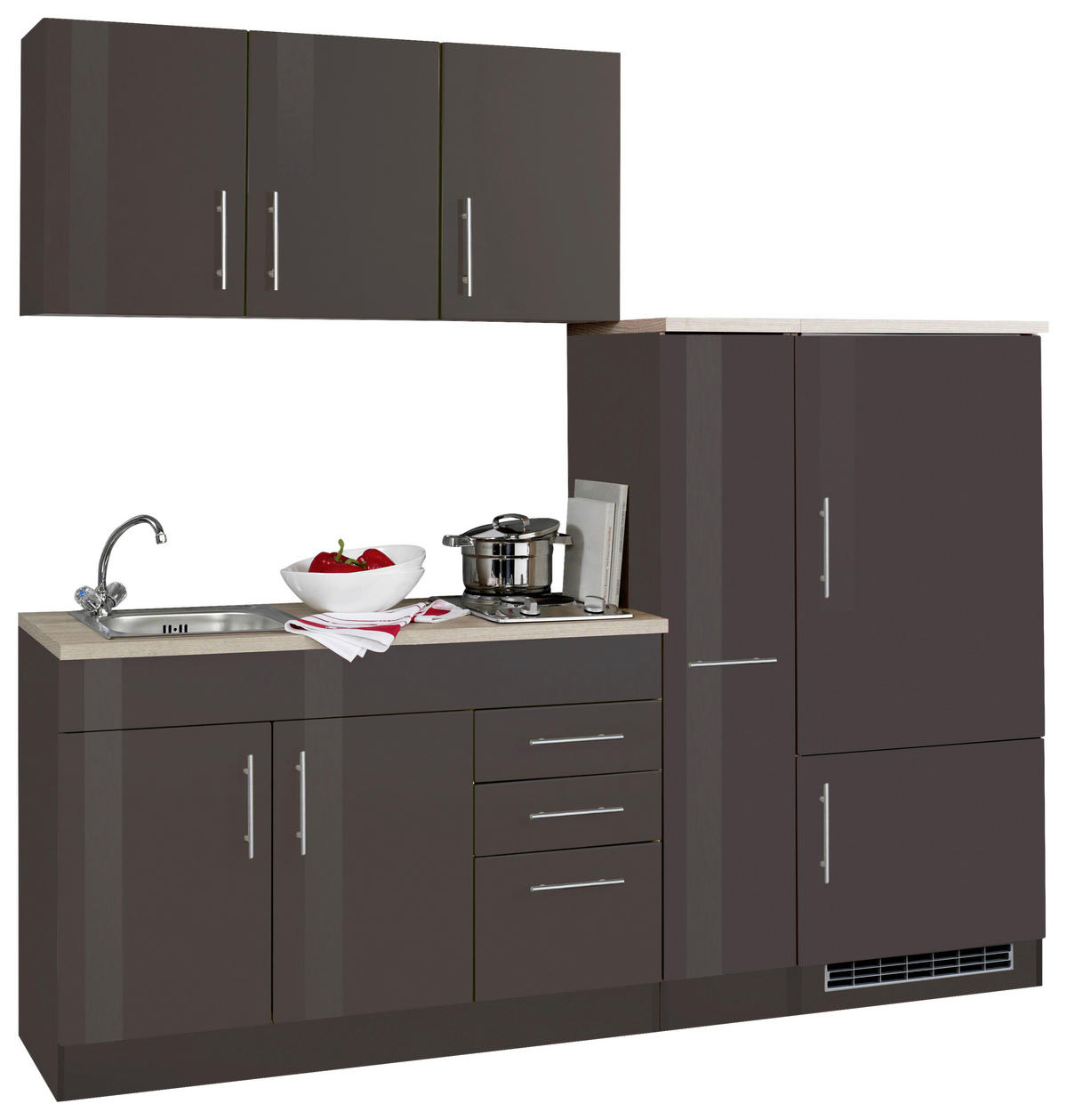 KÜCHENBLOCK 210 cm   in Graphitfarben, Grau Hochglanz  - Chromfarben/Grau Hochglanz, Modern, Holzwerkstoff/Metall (210cm) - Held