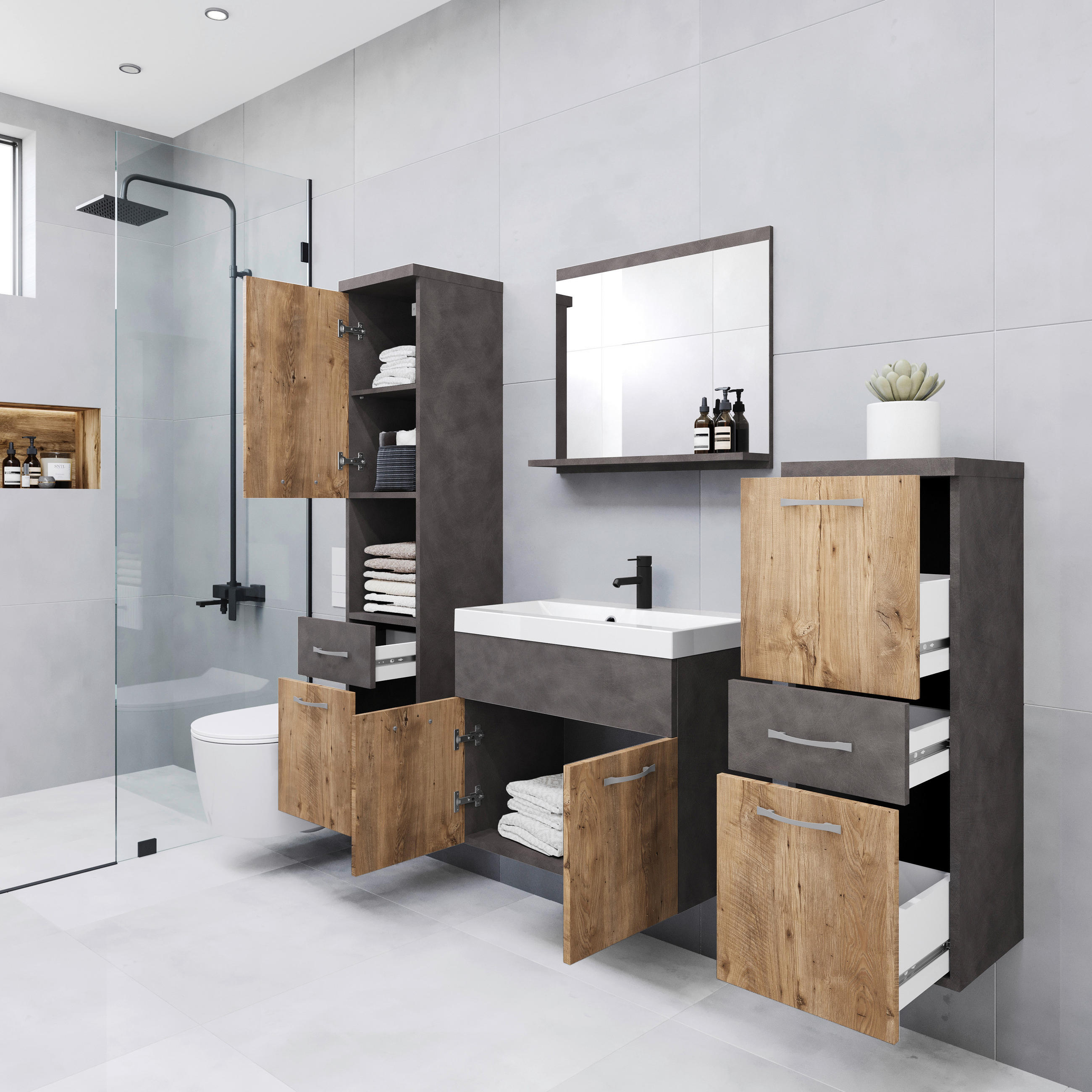 BADEZIMMER 5-teilig  in  - Kastanieneichefarben/Weiss, Lifestyle, Keramik/Holzwerkstoff (120/132,8/30,2cm) - P & B