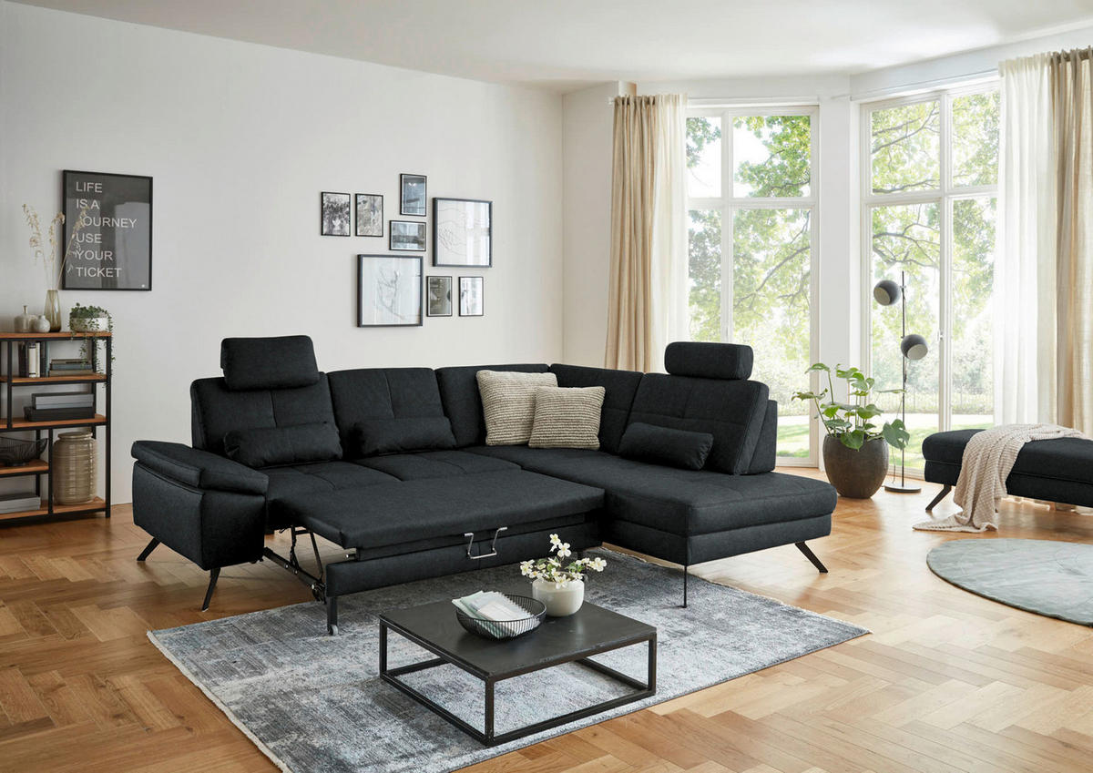 ECKSOFA in Lederlook, Mikrofaser Anthrazit  - Anthrazit/Schwarz, Design, Textil/Metall (261/220cm) - Beldomo System