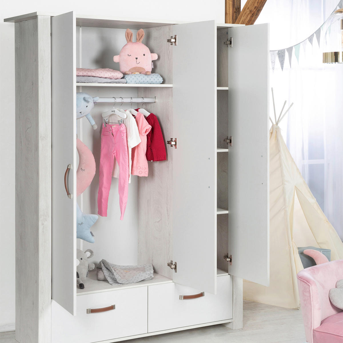 BABYKLEIDERSCHRANK roba Mila Grau, Weiß  - Weiß/Grau, Basics, Holzwerkstoff (136/189,5/52,5cm) - Roba