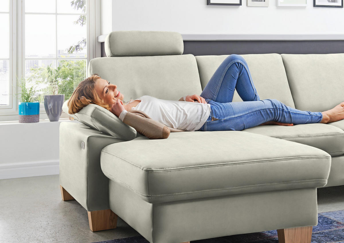 WOHNLANDSCHAFT in Velours Ecru  - Ecru/Eichefarben, Konventionell, Holz/Textil (235/316/167cm) - Beldomo System