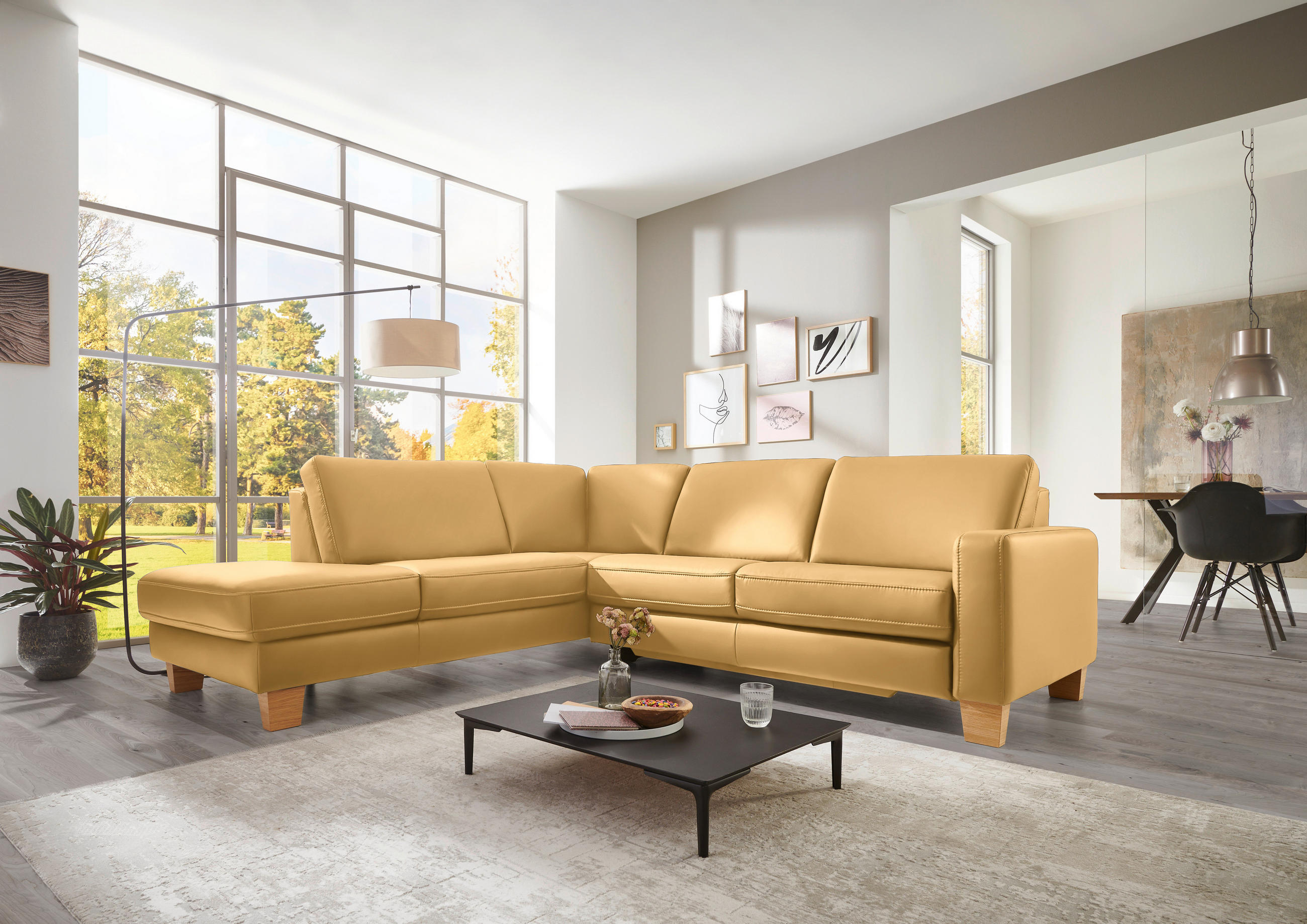 ECKSOFA in Echtleder Gelb  - Eiche Bianco/Gelb, Natur, Leder/Holz (235/257cm) - Valdera
