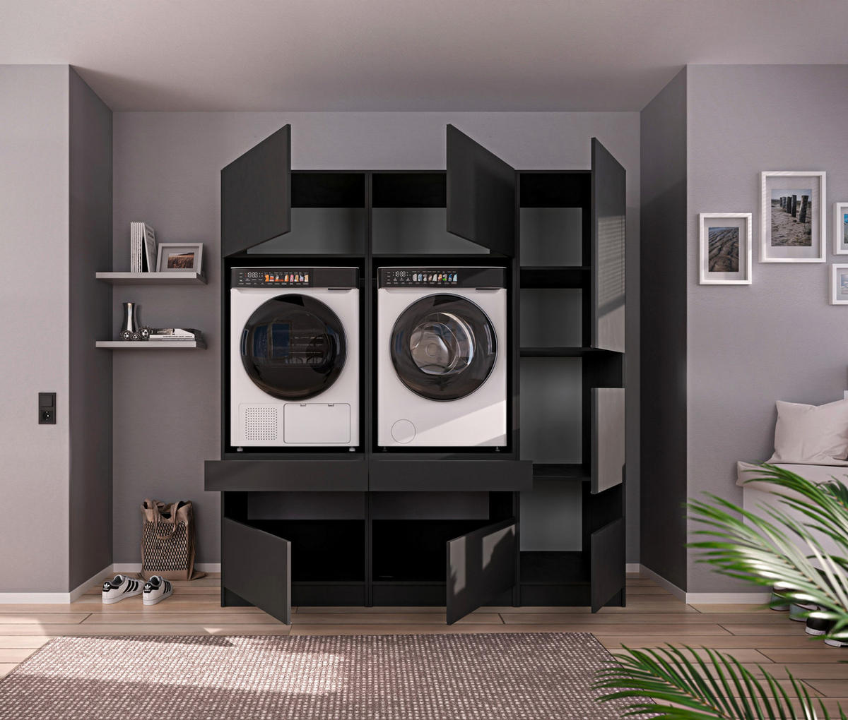 WASCHMASCHINENSCHRANK 68/200/68 cm  in Anthrazit  - Anthrazit/Schwarz, Design, Holzwerkstoff/Metall (68/200/68cm) - Milino