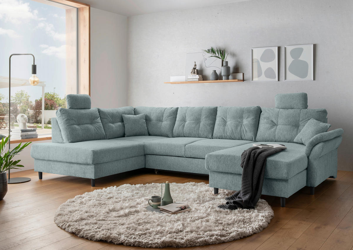 WOHNLANDSCHAFT in Chenille Blau  - Blau/Schwarz, Modern, Holz/Textil (206/338/176cm) - Livetastic