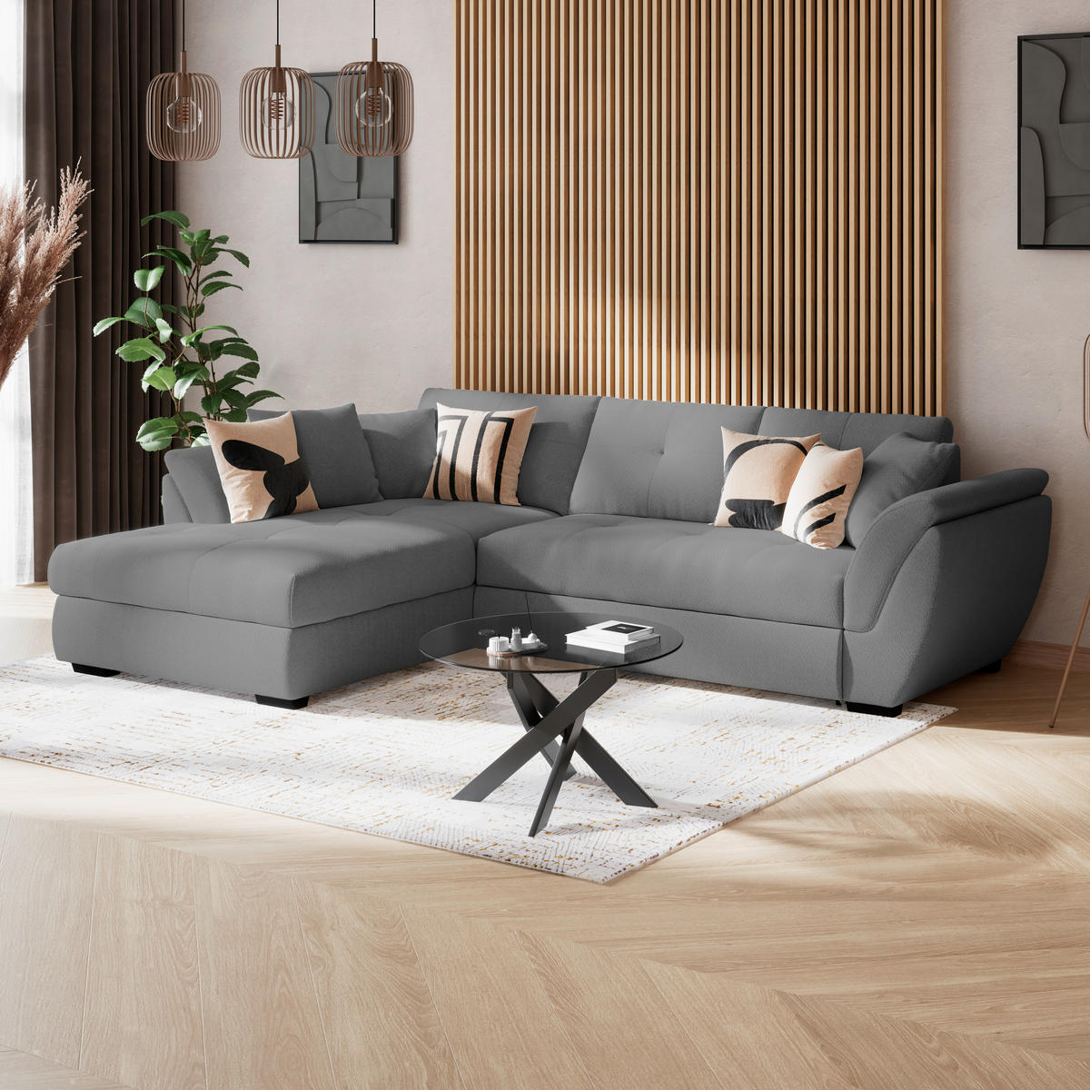 ECKSOFA Anthrazit Zierkissen, Bettkasten, Schlaffunktion, Rücken echt  - Anthrazit/Schwarz, KONVENTIONELL, Kunststoff/Textil (187/278cm) - MID.YOU