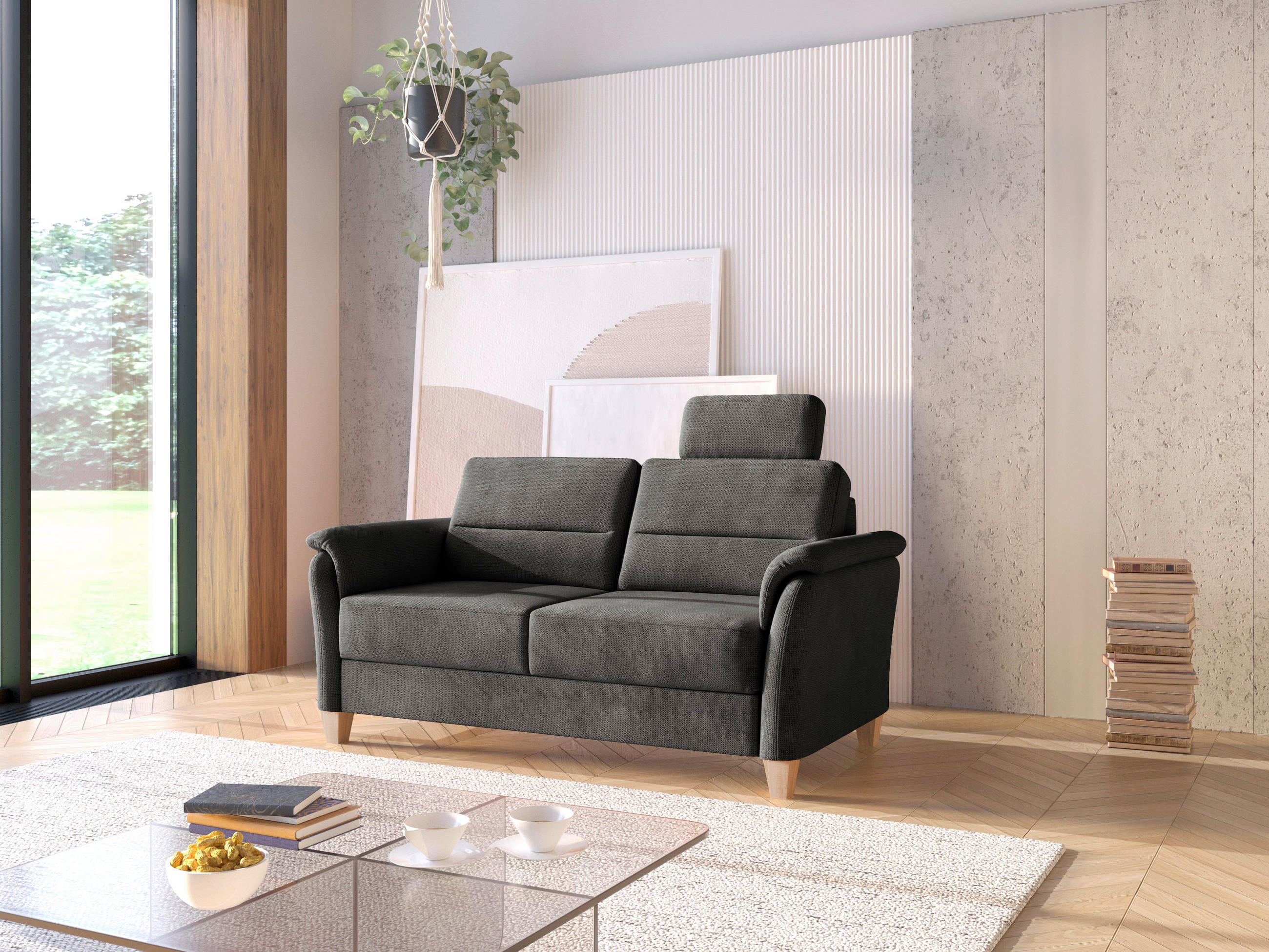 3-SITZER-SOFA in Flachgewebe Schwarz  - Eichefarben/Schwarz, KONVENTIONELL, Holz/Textil (179/89/89cm) - Sit & More
