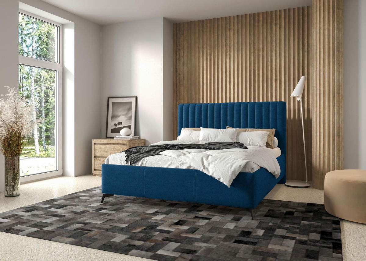 POLSTERBETT gepolstertes Kopfteil, Lattenrost, Bettkasten Dunkelblau 180/200 cm  - Schwarz/Dunkelblau, KONVENTIONELL, Holz/Textil (180/200cm) - Hom`in