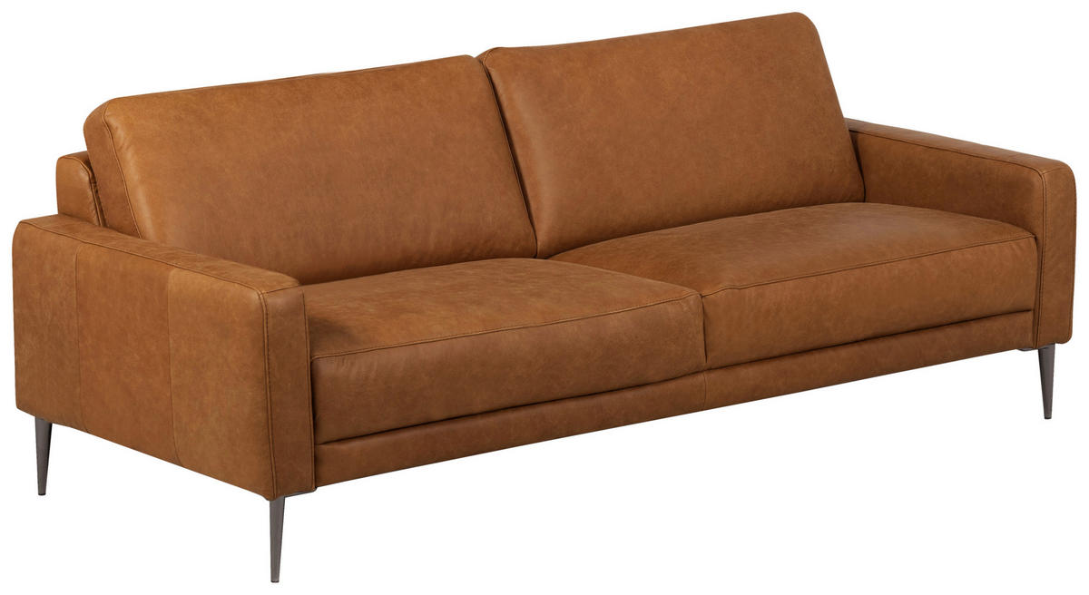 3-SITZER-SOFA SPRING Echtleder Cognac  - Cognac/Schwarzchrom, Design, Leder/Metall (187/85/92cm) - Livetastic