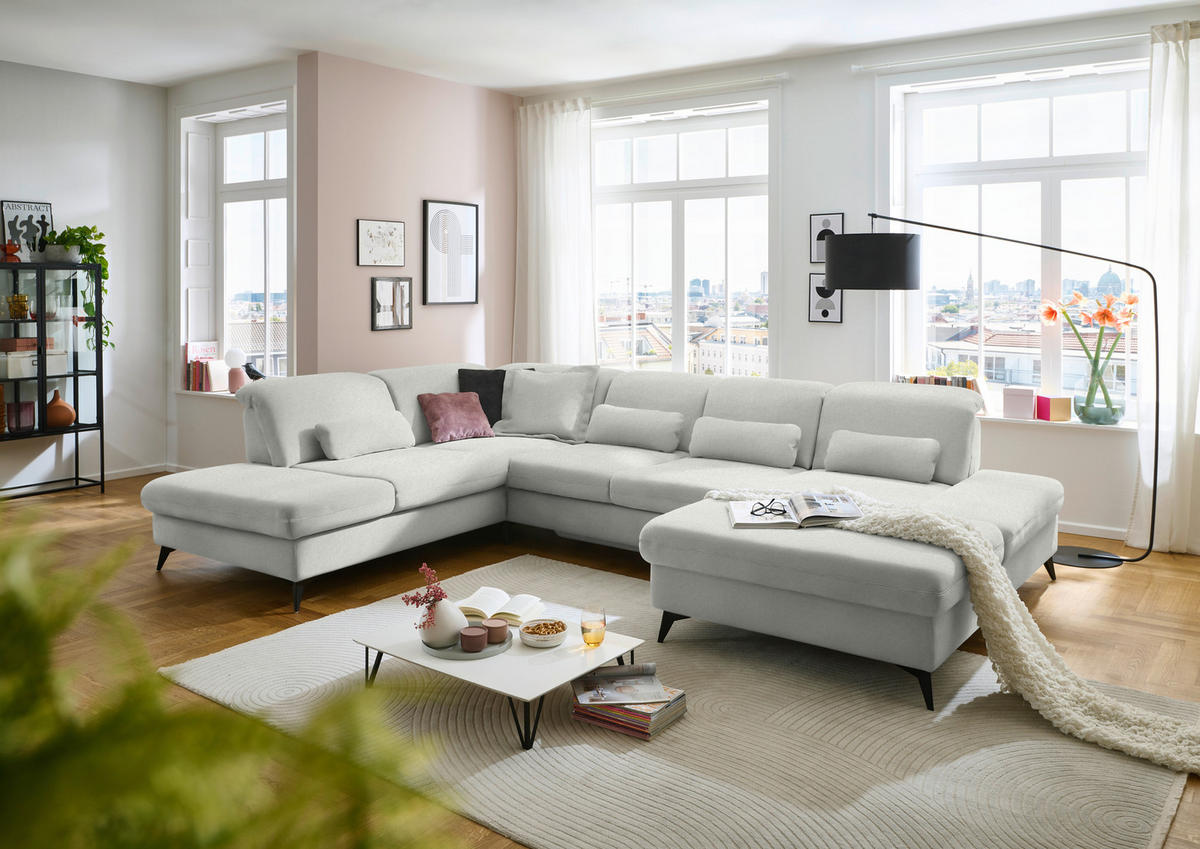 WOHNLANDSCHAFT Chenille Ecru  - Ecru/Schwarz, Design, Textil/Metall (255/364/198cm) - Beldomo Style