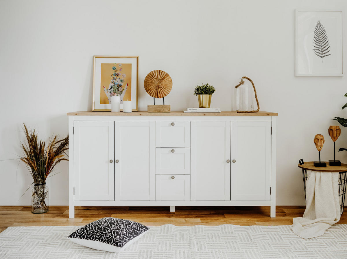COMODĂ CU UȘI 180/90/40 cm  - alb/culoare lemn stejar, Konventionell, metal/material pe bază de lemn (180/90/40cm) - MID.YOU