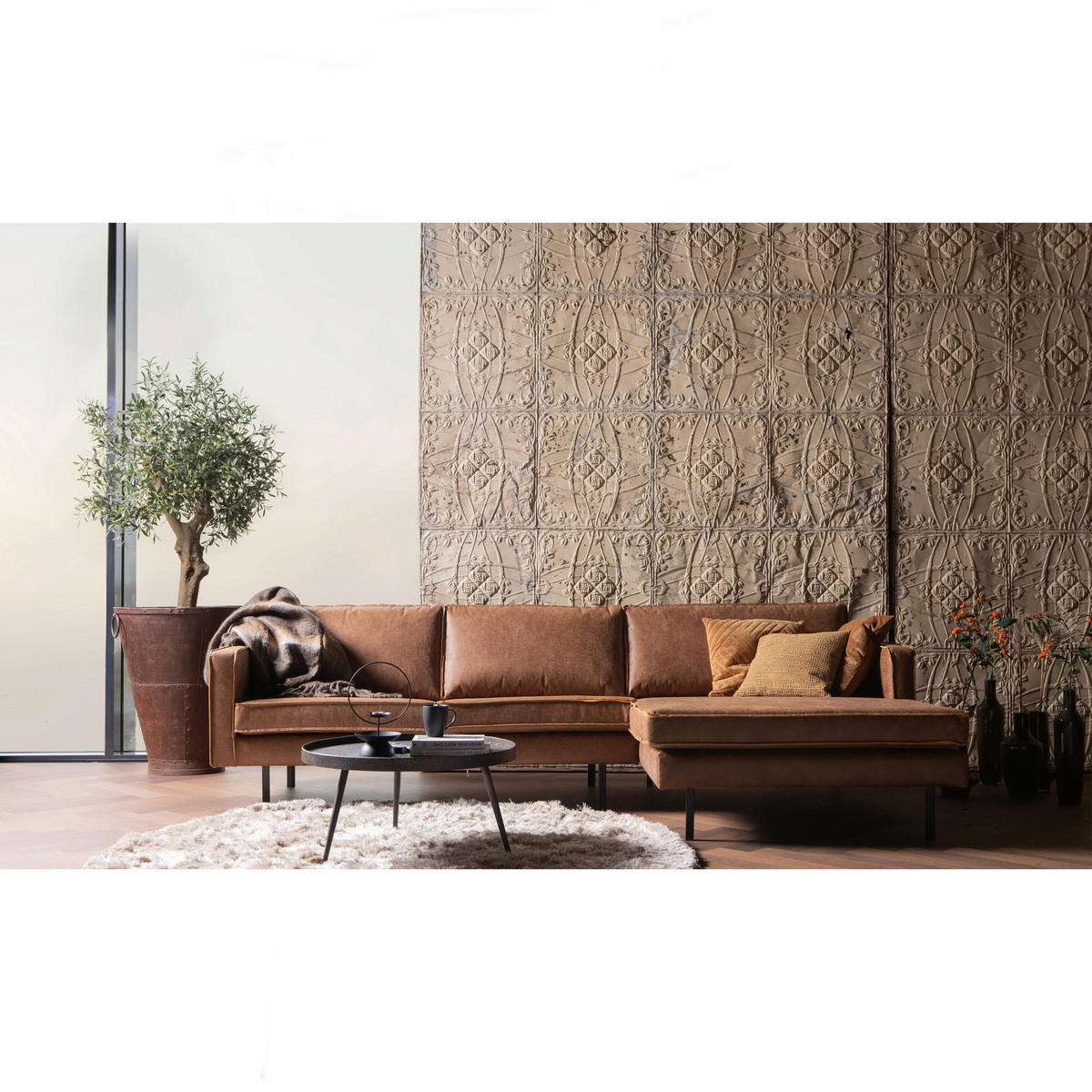 ECKSOFA Rodeo in Echtleder Cognac  300/155 cm  - Cognac/Schwarz, Design, Leder/Textil (300/155cm) - Livetastic