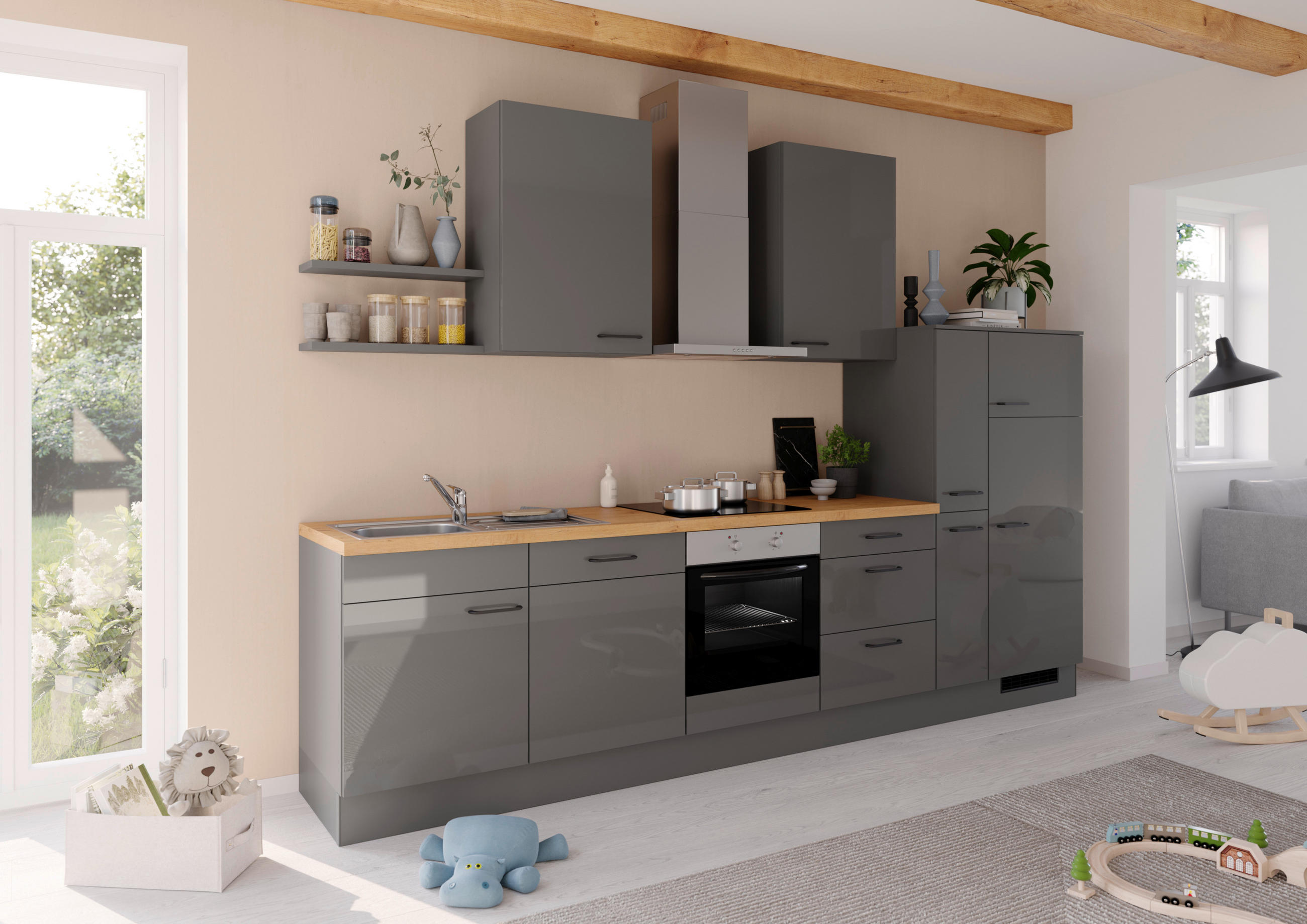 KÜCHENLEERBLOCK 330 cm   Graphitfarben  - Eichefarben/Schwarz, Design, Holzwerkstoff/Metall (330cm) - Impuls