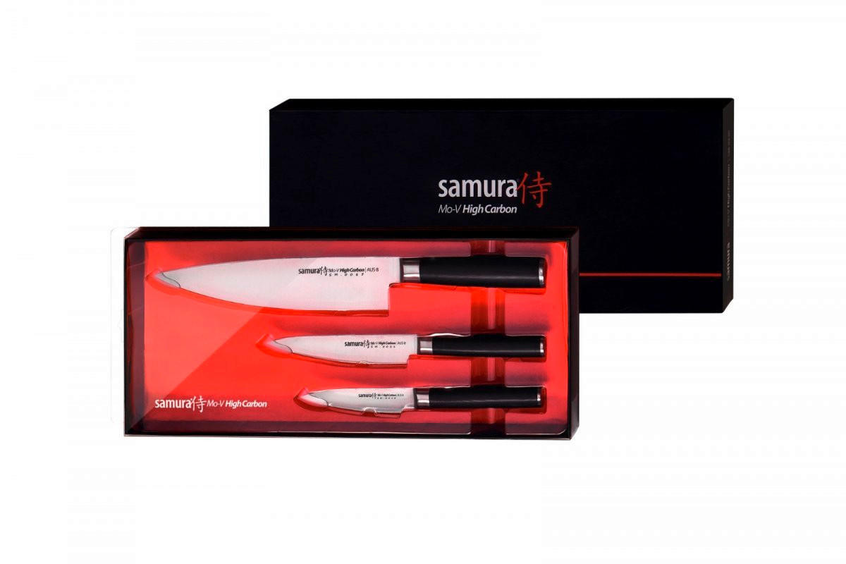 SET NOŽEV  MO-V 3-delni - srebrne barve, Basics, kovina/leseni material - Samura