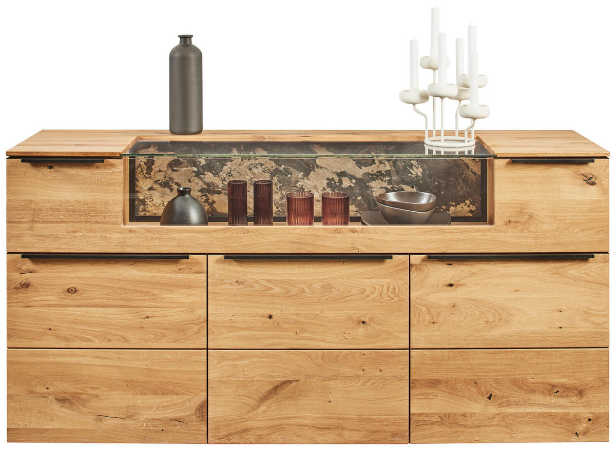 SIDEBOARD Eichefarben  180/90,5/47,1 cm  - Eichefarben/Schwarz, Natur, Glas/Holz (180/90,5/47,1cm) - Valnatura