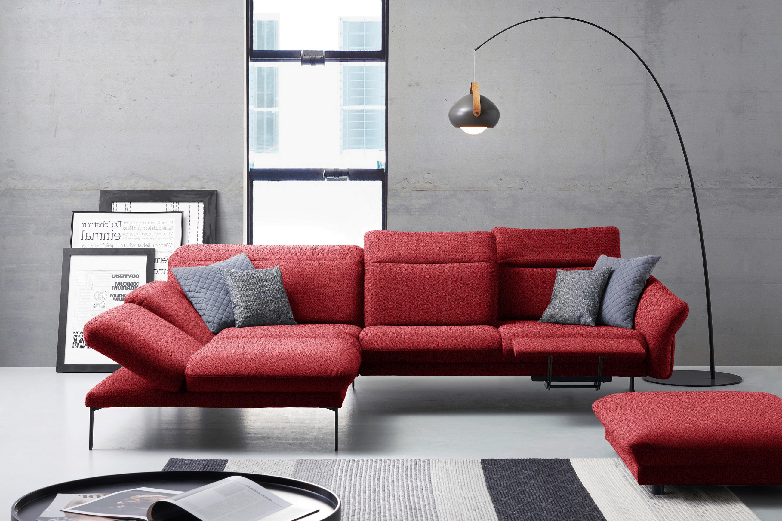 ECKSOFA in Webstoff Rot  - Anthrazit/Rot, Design, Textil/Metall (203/299cm) - Himolla