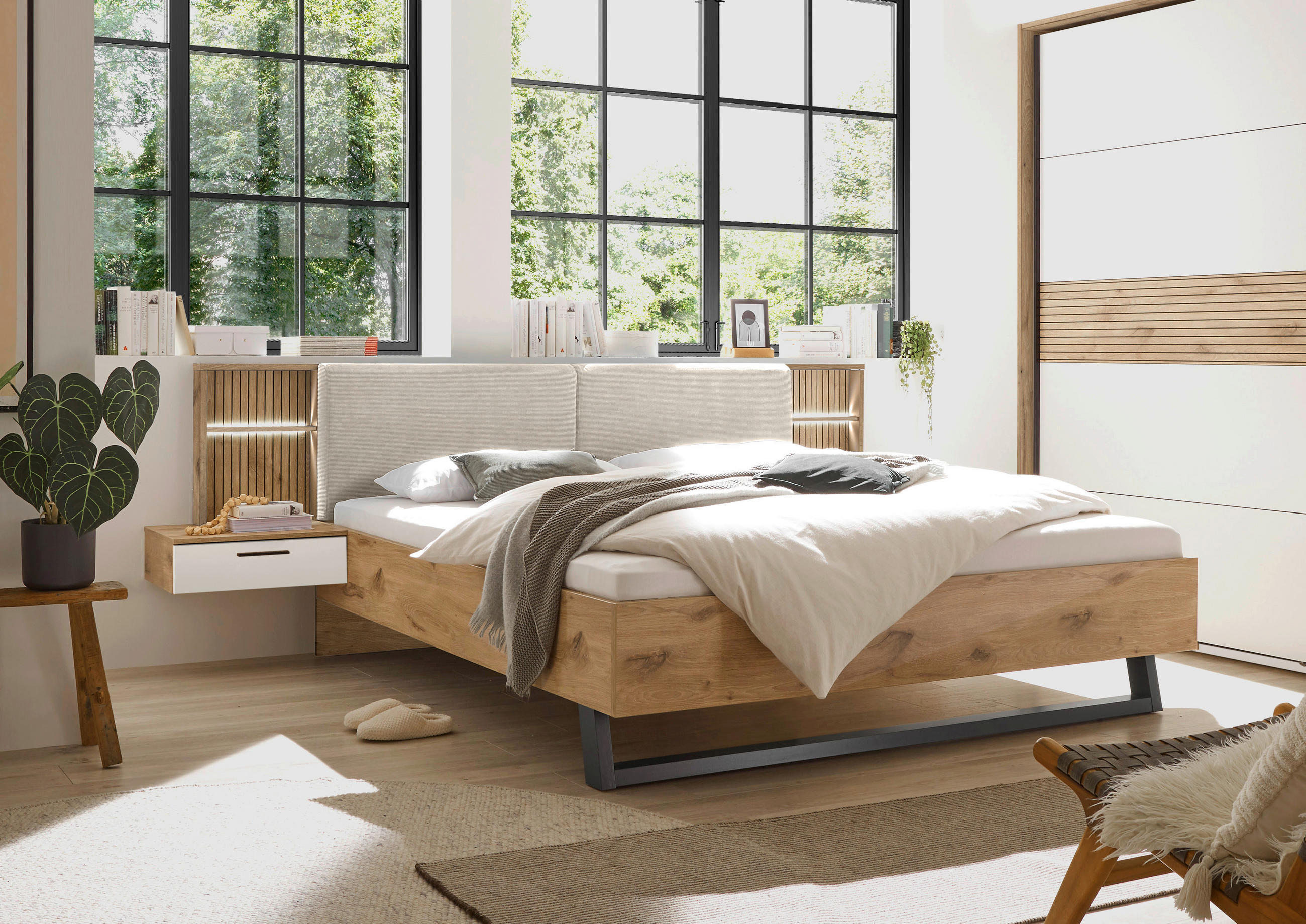 Set Pat Cu Noptiere, alb, culoare lemn stejar