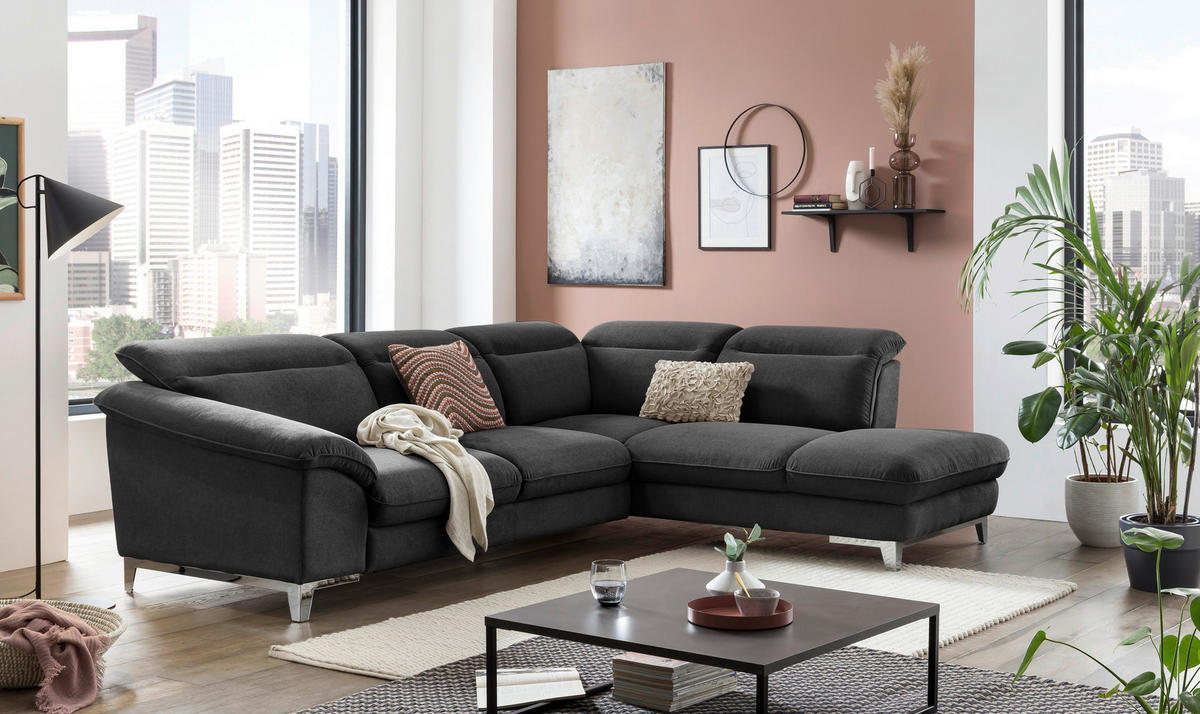 ECKSOFA in Chenille Schwarz  - Chromfarben/Schwarz, Design, Textil/Metall (293/232cm) - Livetastic