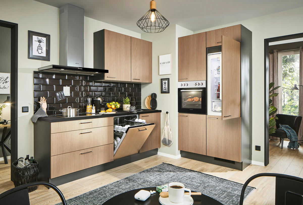 ECKKÜCHE 220/120 cm  in Graphitfarben, Schwarz, Eichefarben  - Eichefarben/Schwarz, Design, Holzwerkstoff/Metall (220/120cm) - Xora