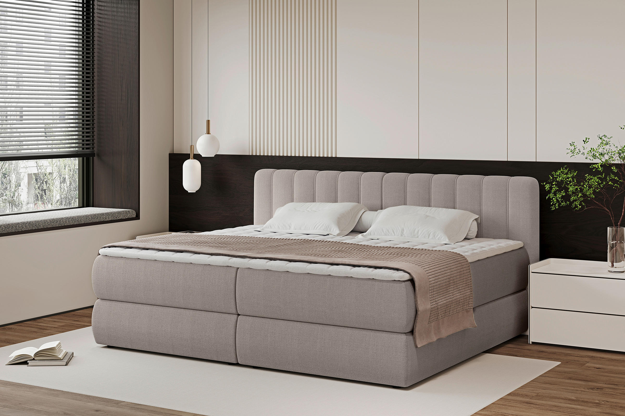 BOXSPRINGBETT 220/200 cm,  in Taupe, gepolstertes Kopfteil, Bettkasten, Topper, Matratzen, H3 + H4 = fest + sehr fest  - Taupe/Schwarz, Design, Kunststoff/Textil (220/200cm) - Chameo