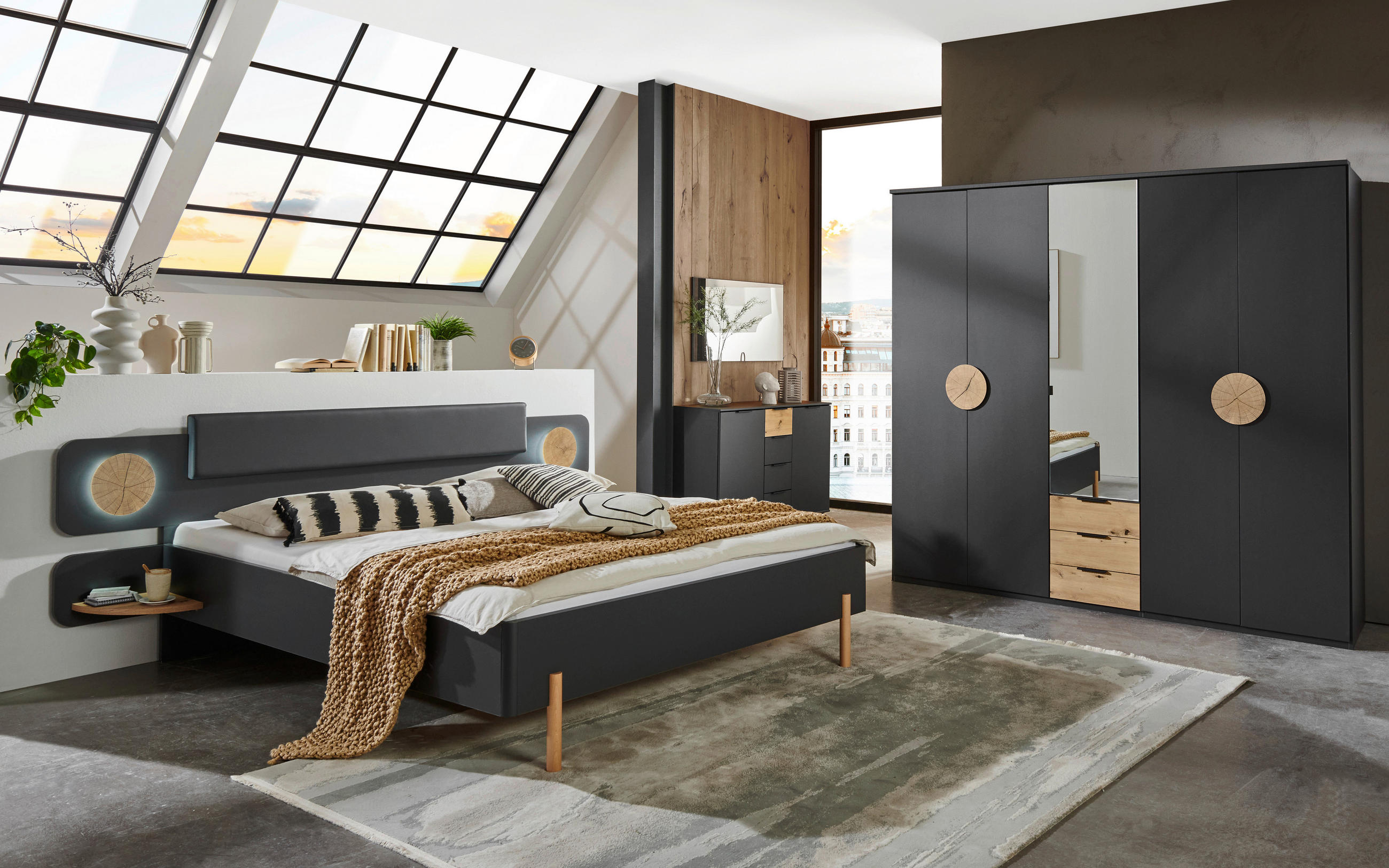 Thumbnail - Mid.you Kleiderschrank, Graphit, Eiche, Kunststoff, Holzwerkstoff, 4 Fächer, 3 Schublade(n) Schubladen, 225x210x58 cm, B...