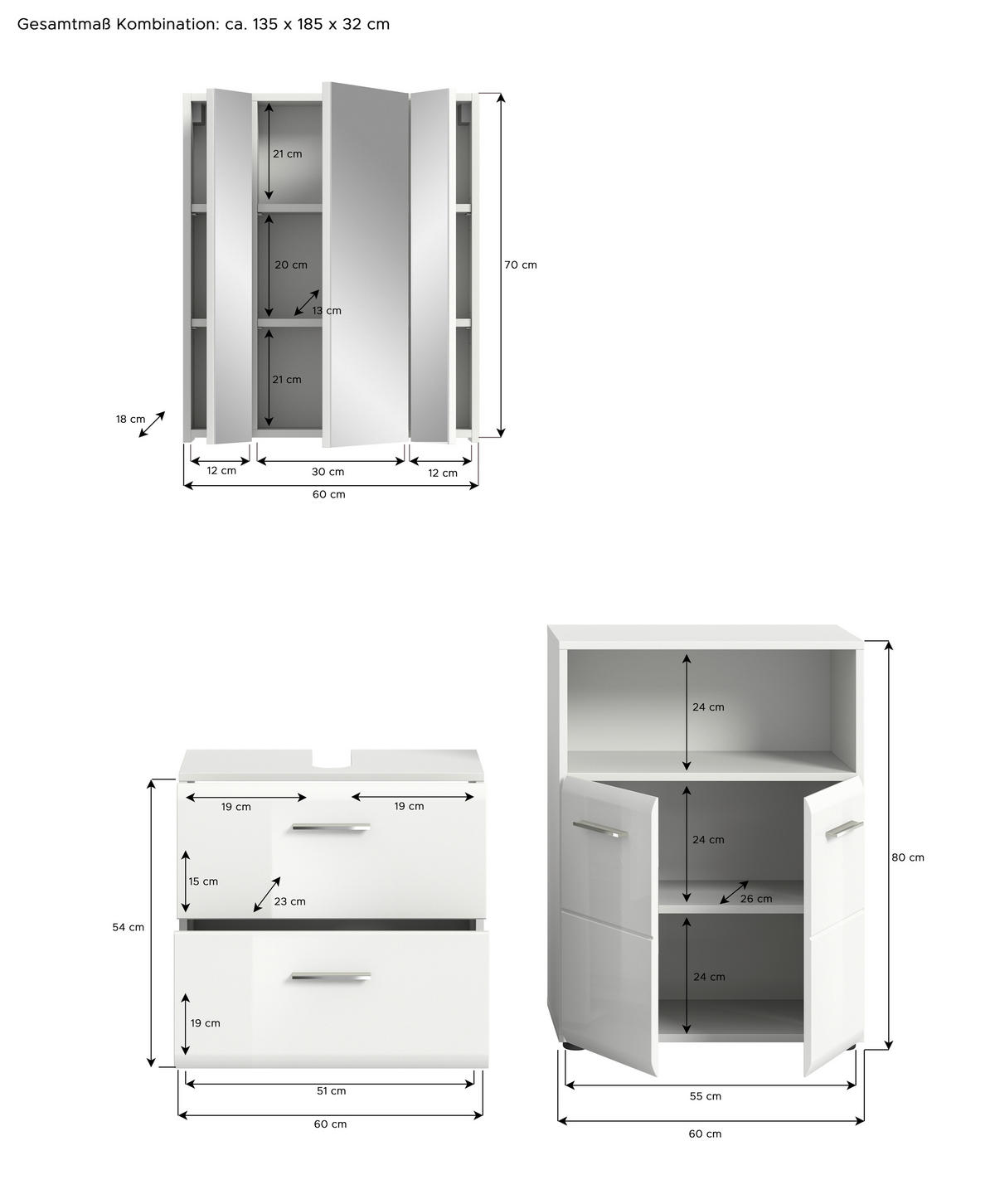 KOUPELNA vysoce lesklá bílá  - barvy stříbra/černá, Moderní, kompozitní dřevo/plast (120cm) - MID.YOU