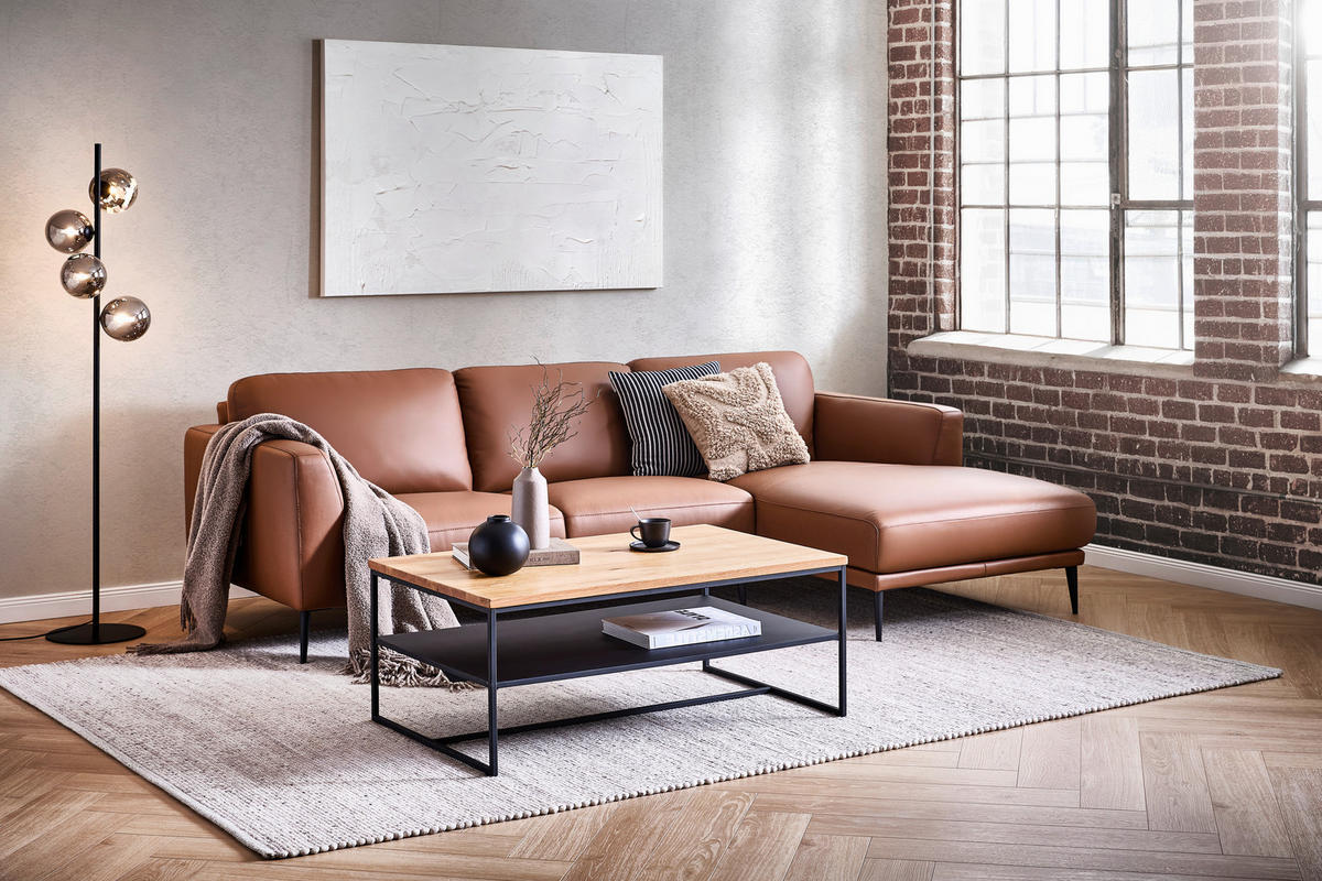 ECKSOFA Echtleder Cognac  - Cognac/Schwarz, Modern, Leder/Metall (253/160cm) - Novel
