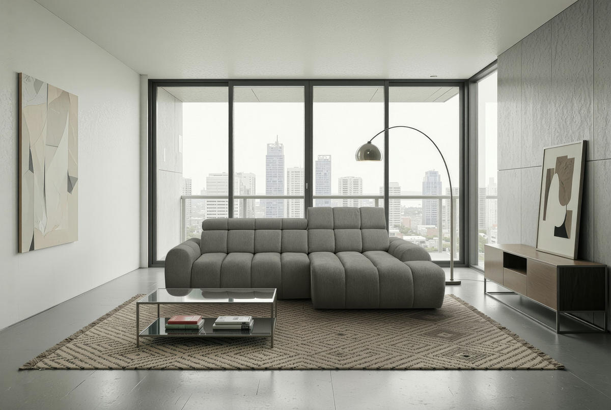 ECKSOFA Grau Chenille Bettkasten, Rücken echt, Kopfteilverstellung, Sitzvorzug  - Schwarz/Grau, Design, Kunststoff/Textil (290/152cm) - Stylife