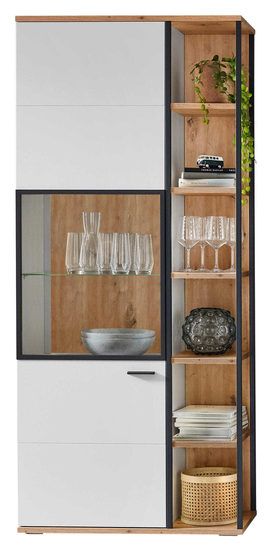 home24 Vitrine Basset Schwarz, Weiß, Eiche Artisan 90x206x37 cm
