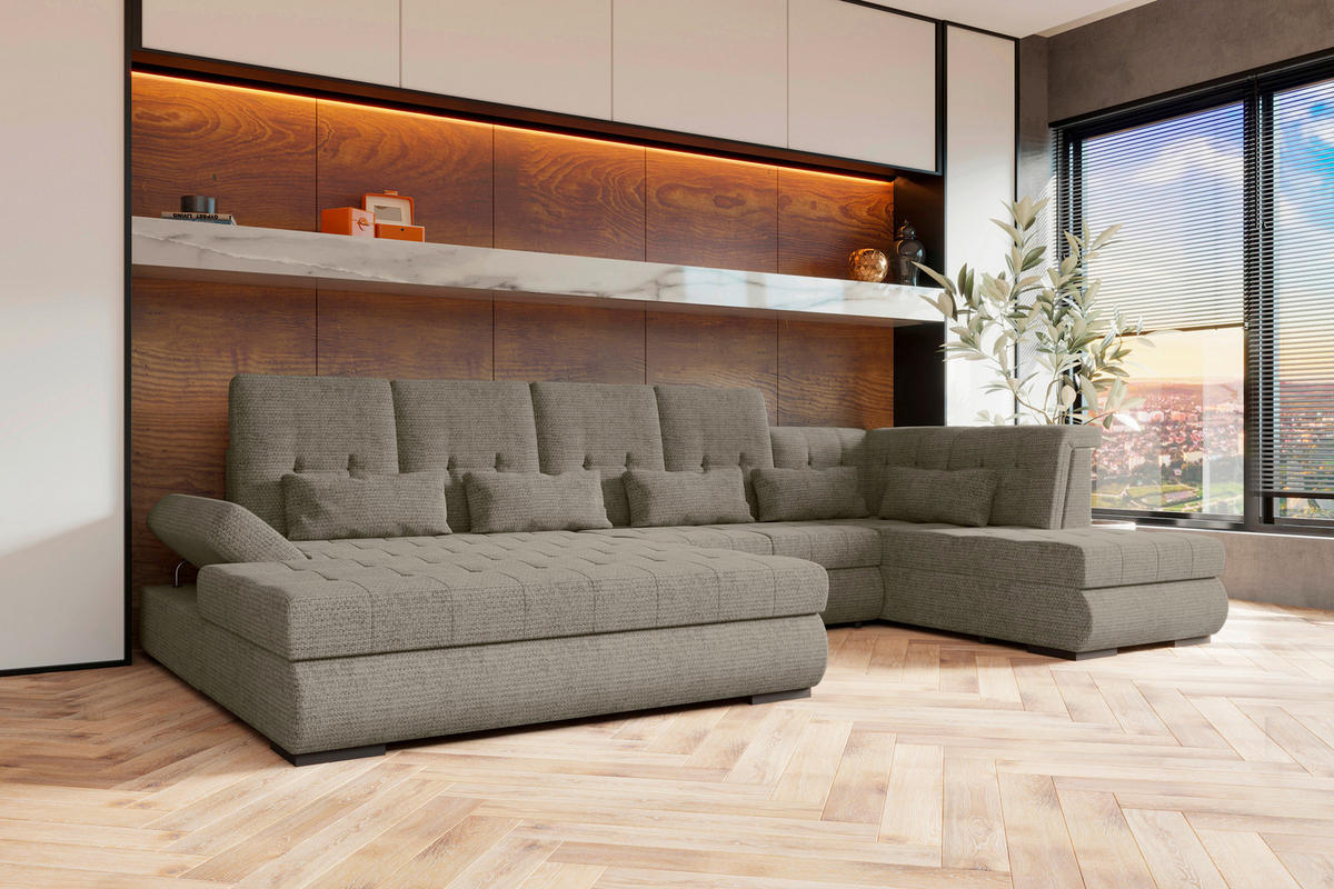 WOHNLANDSCHAFT Greige Struktur  - Greige/Schwarz, KONVENTIONELL, Kunststoff/Textil (212/358/222cm) - Carryhome