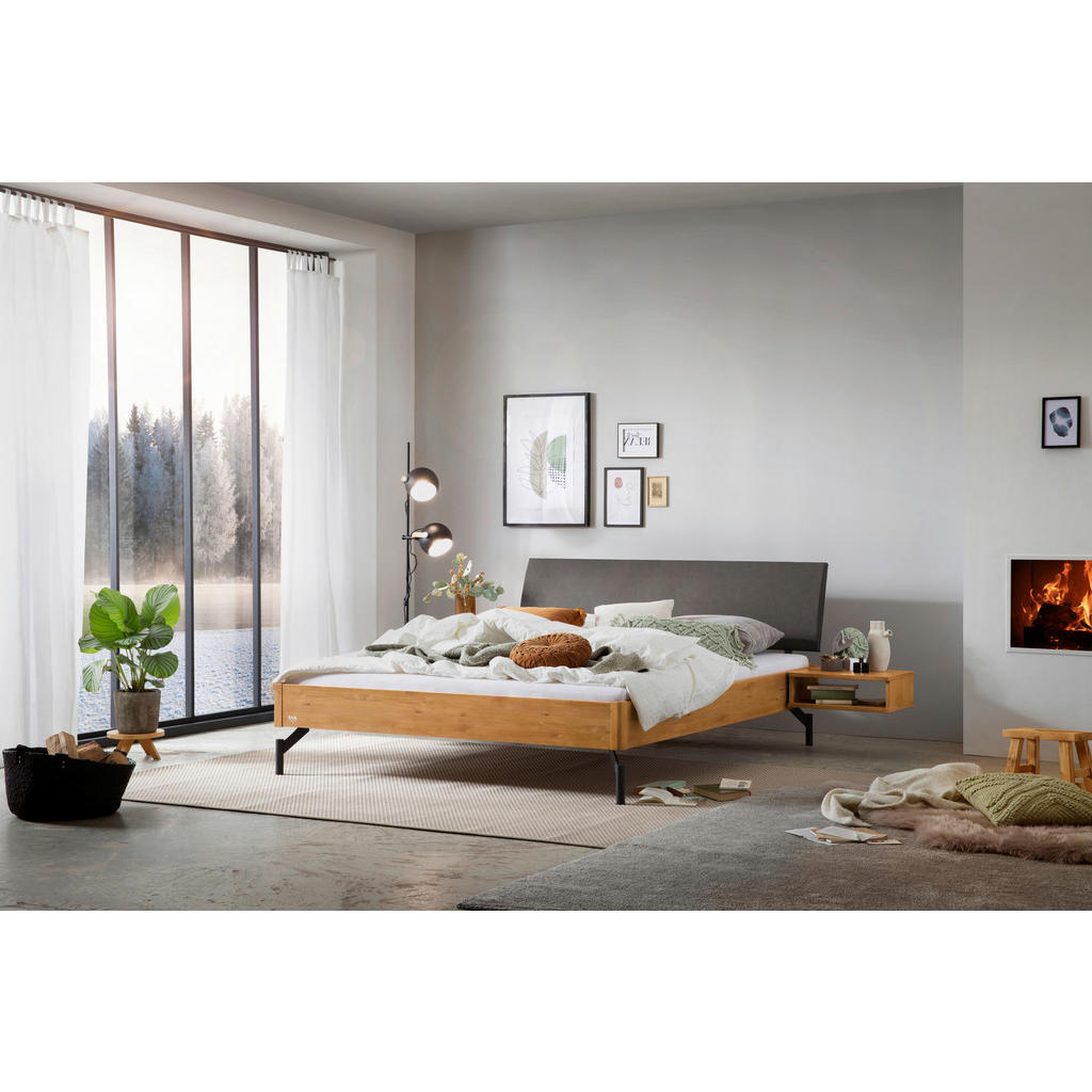 Thumbnail - Hasena Bett, Anthrazit, Grau, Wildeiche, Holz, Wildeiche, massiv, Höhe ca. 22 cm, 140x200 cm, gepolstertes Kopfteil, in ...