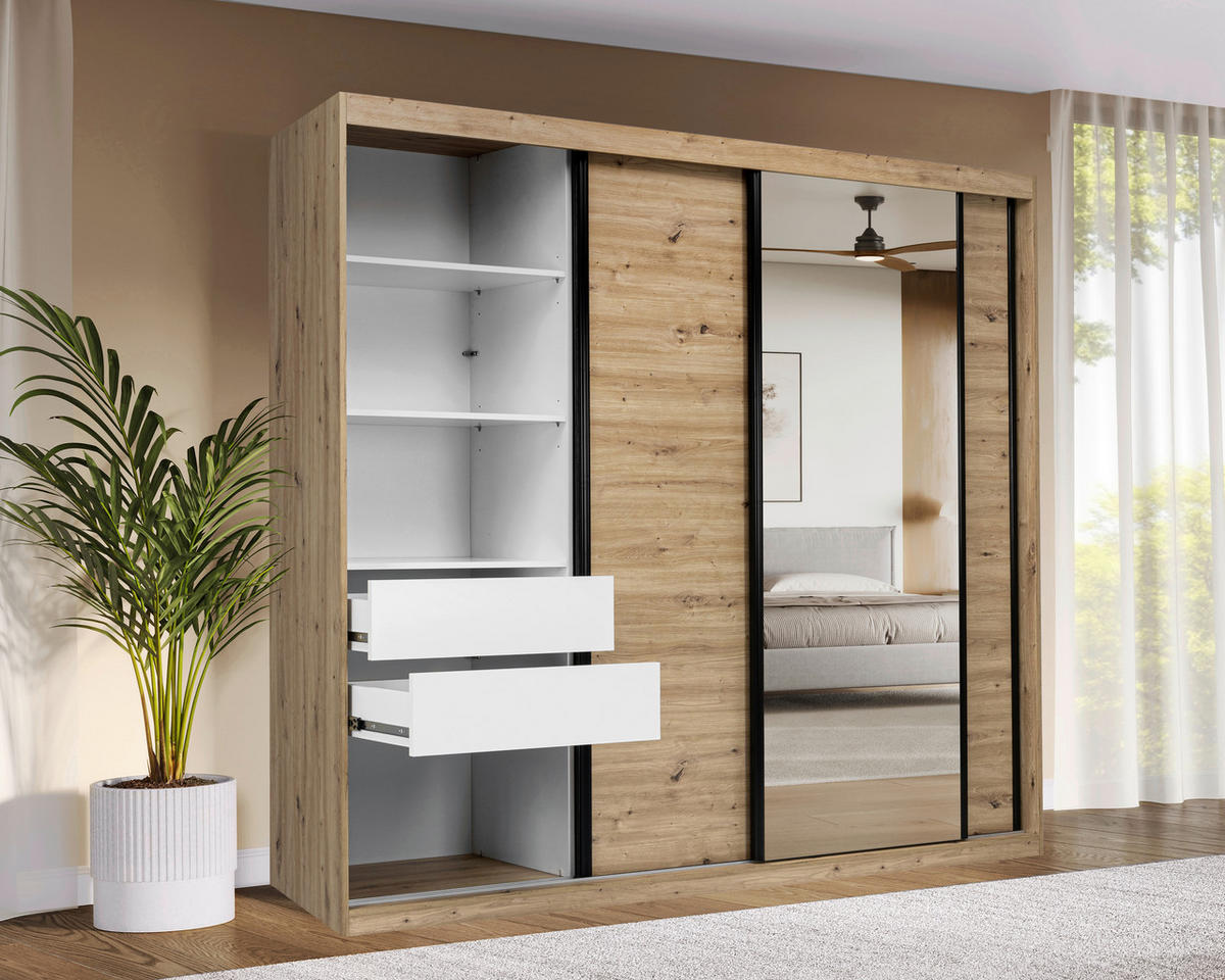 SCHIEBETÜRENSCHRANK 250/215/59,5 cm 3-türig  - Schwarz/Weiß, MODERN, Holzwerkstoff/Metall (250/215/59,5cm) - MID.YOU