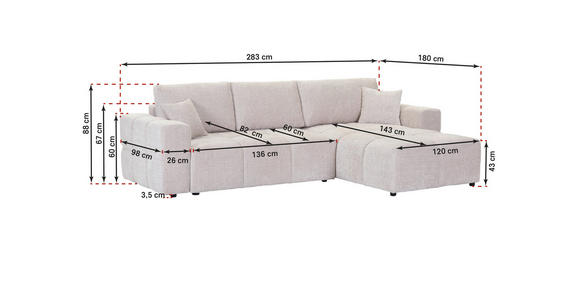 ECKSOFA in Chenille Creme  - Creme/Schwarz, KONVENTIONELL, Kunststoff/Textil (283/180cm) - Carryhome