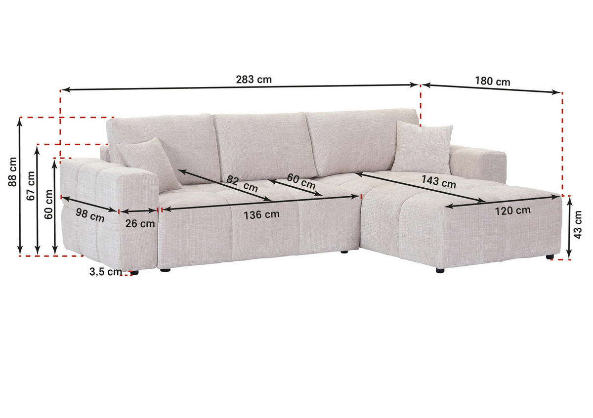 ECKSOFA in Chenille Creme  - Creme/Schwarz, KONVENTIONELL, Kunststoff/Textil (283/180cm) - Carryhome