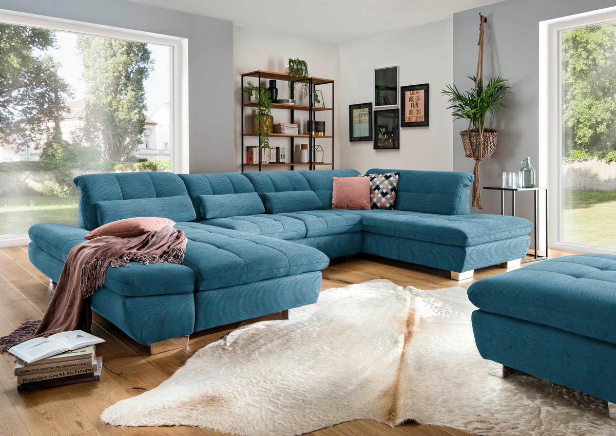 WOHNLANDSCHAFT in Mikrofaser Blau  - Chromfarben/Blau, Design, Kunststoff/Textil (204/350/211cm) - Xora
