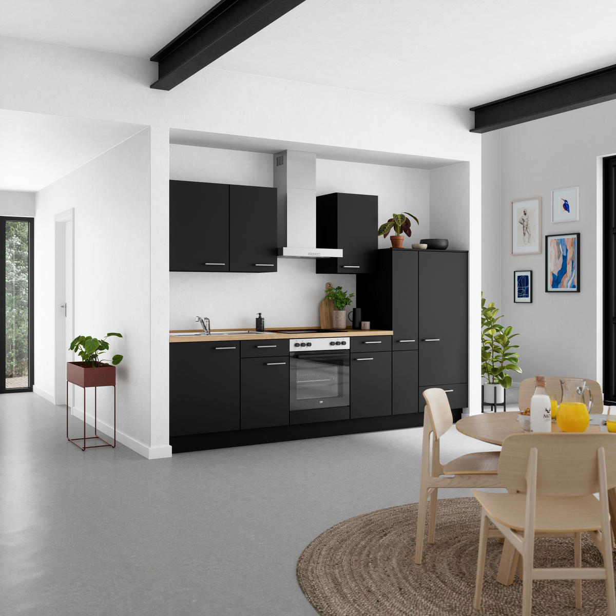 KÜCHENLEERBLOCK 300 cm   in Schwarz, Eichefarben  - Edelstahlfarben/Eichefarben, MODERN, Holzwerkstoff/Metall (300cm) - Nobilia