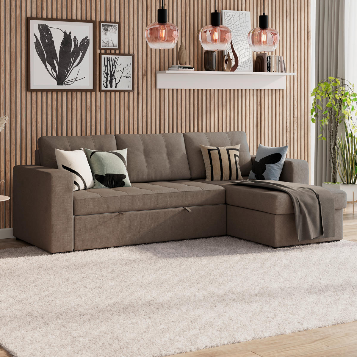 ECKSOFA TURIN Dunkelbraun Mikrofaser, Struktur Rückenkissen, Bettkasten  - Dunkelbraun/Schwarz, Trend, Textil/Metall (239/160cm) - MID.YOU