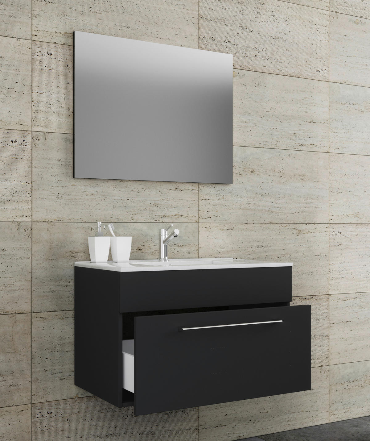 BADEZIMMER 3-teilig  in 80 cm  - Alufarben/Schwarz, MODERN, Keramik/Holzwerkstoff (80cm) - MID.YOU