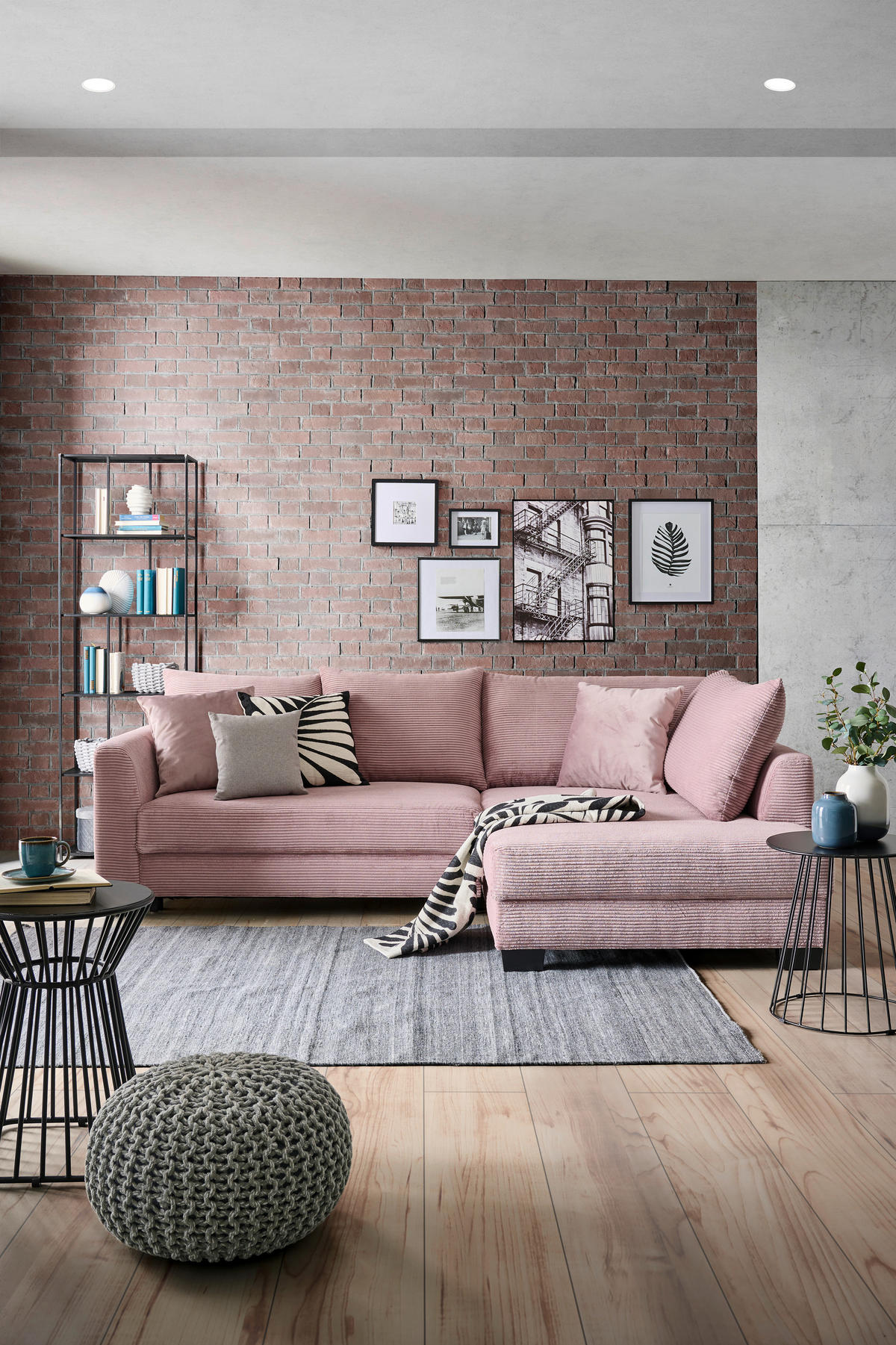 ECKSOFA Rosa Cord  - Schwarz/Rosa, KONVENTIONELL, Holz/Textil (267/181cm) - Carryhome
