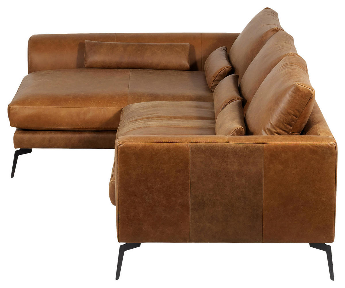 ECKSOFA in Echtleder Cognac  - Cognac/Schwarz, Design, Leder/Metall (172/313cm) - Livetastic