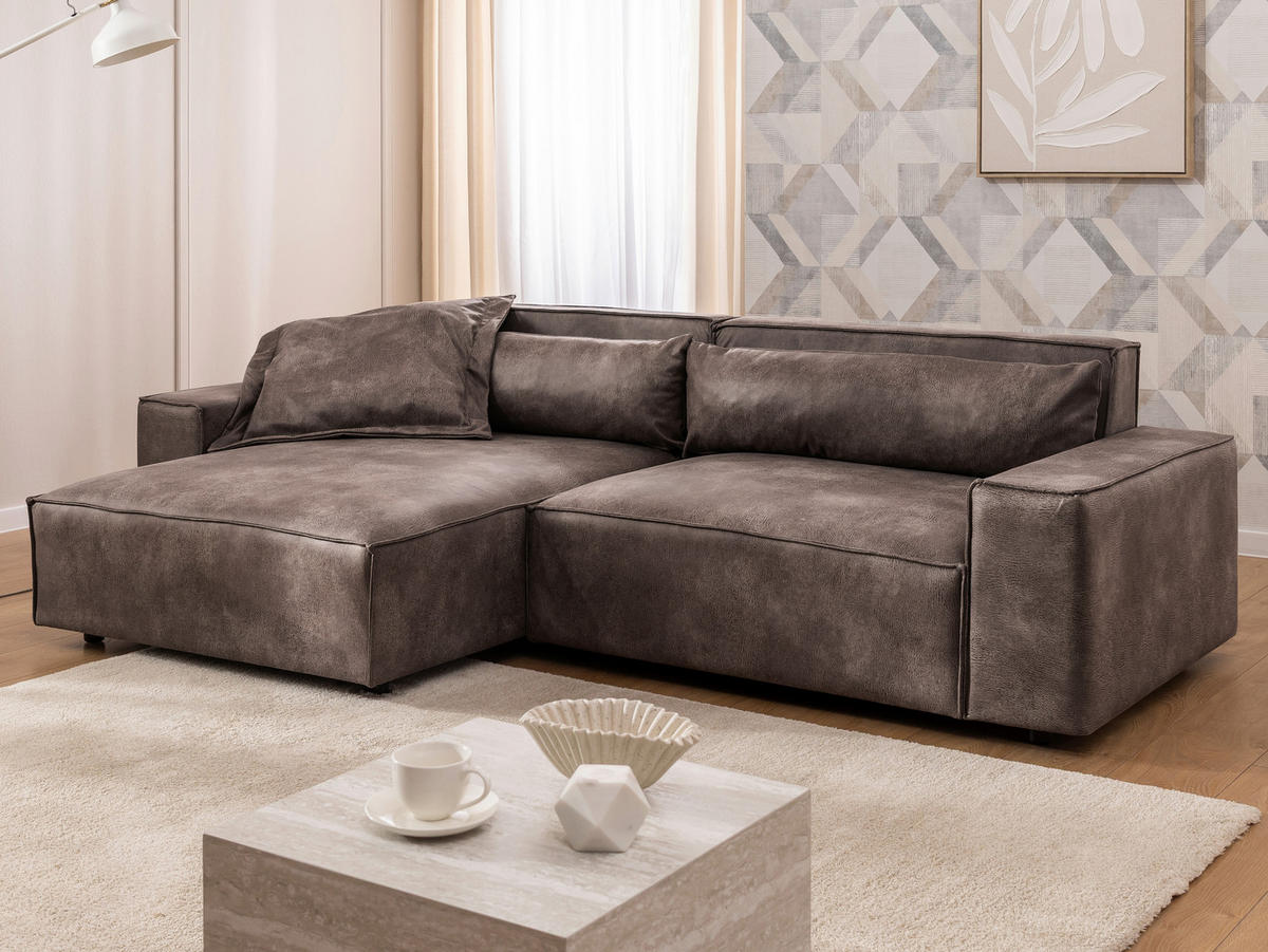 ECKSOFA Curduroy in Lederlook Graubraun Rückenkissen  251/142 cm  - Graubraun/Schwarz, Design, Kunststoff/Textil (251/142cm) - P & B