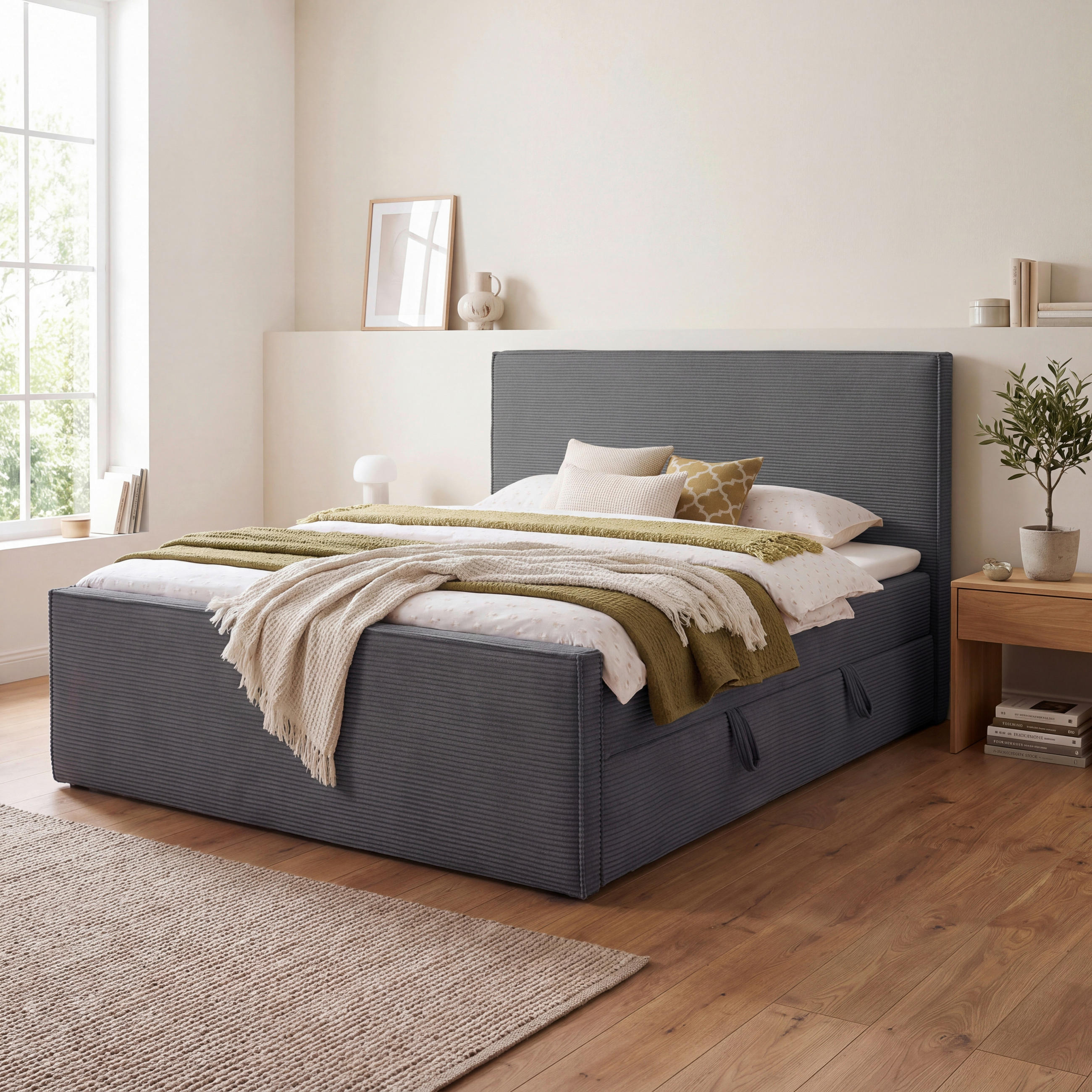 BOXBETT 180/200 cm,  in Anthrazit, gepolstertes Kopfteil, Bettkasten, Topper, Matratzen, H3 + H3 = fest  - Anthrazit/Schwarz, Basics, Kunststoff/Textil (180/200cm) - Chameo
