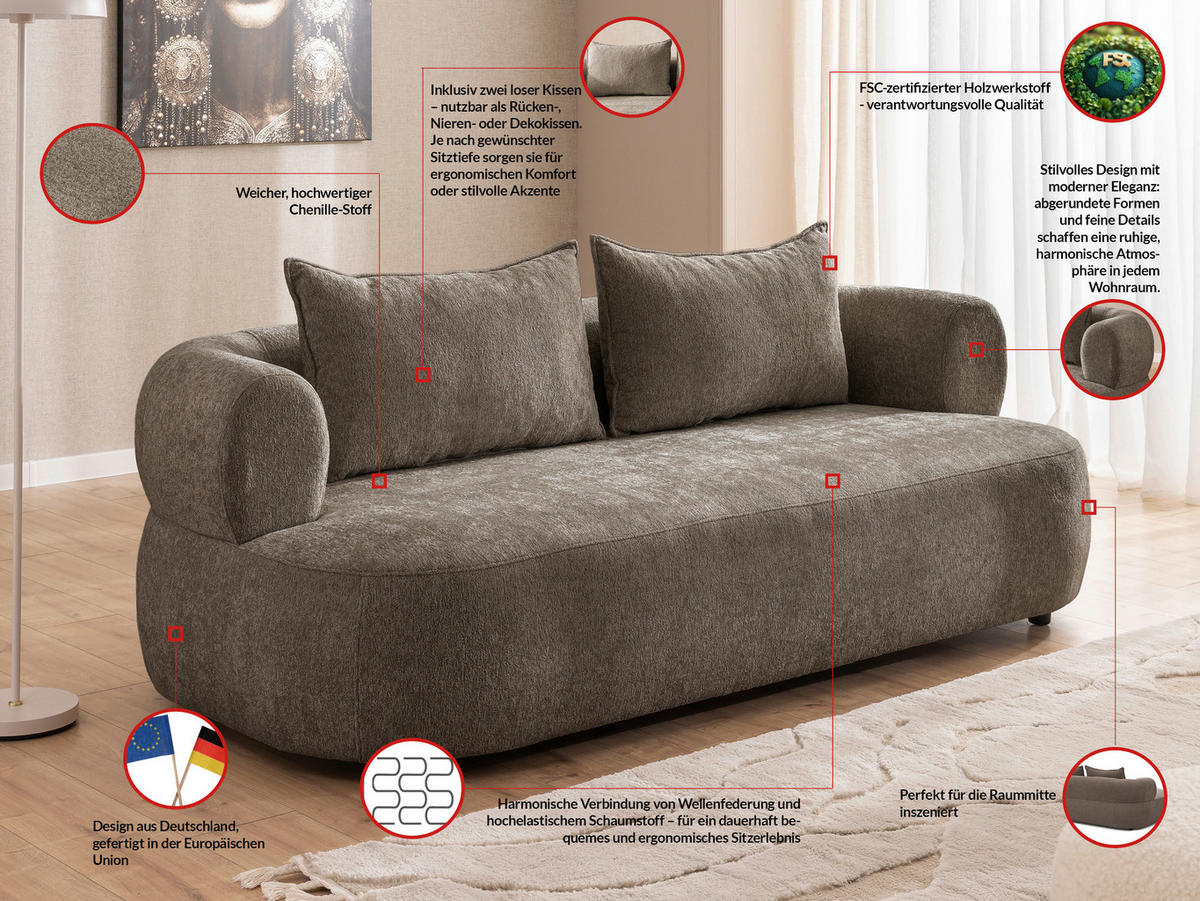 3-SITZER-SOFA Chenille Braun  - Schwarz/Braun, Design, Kunststoff/Textil (200/76/96cm) - Livetastic